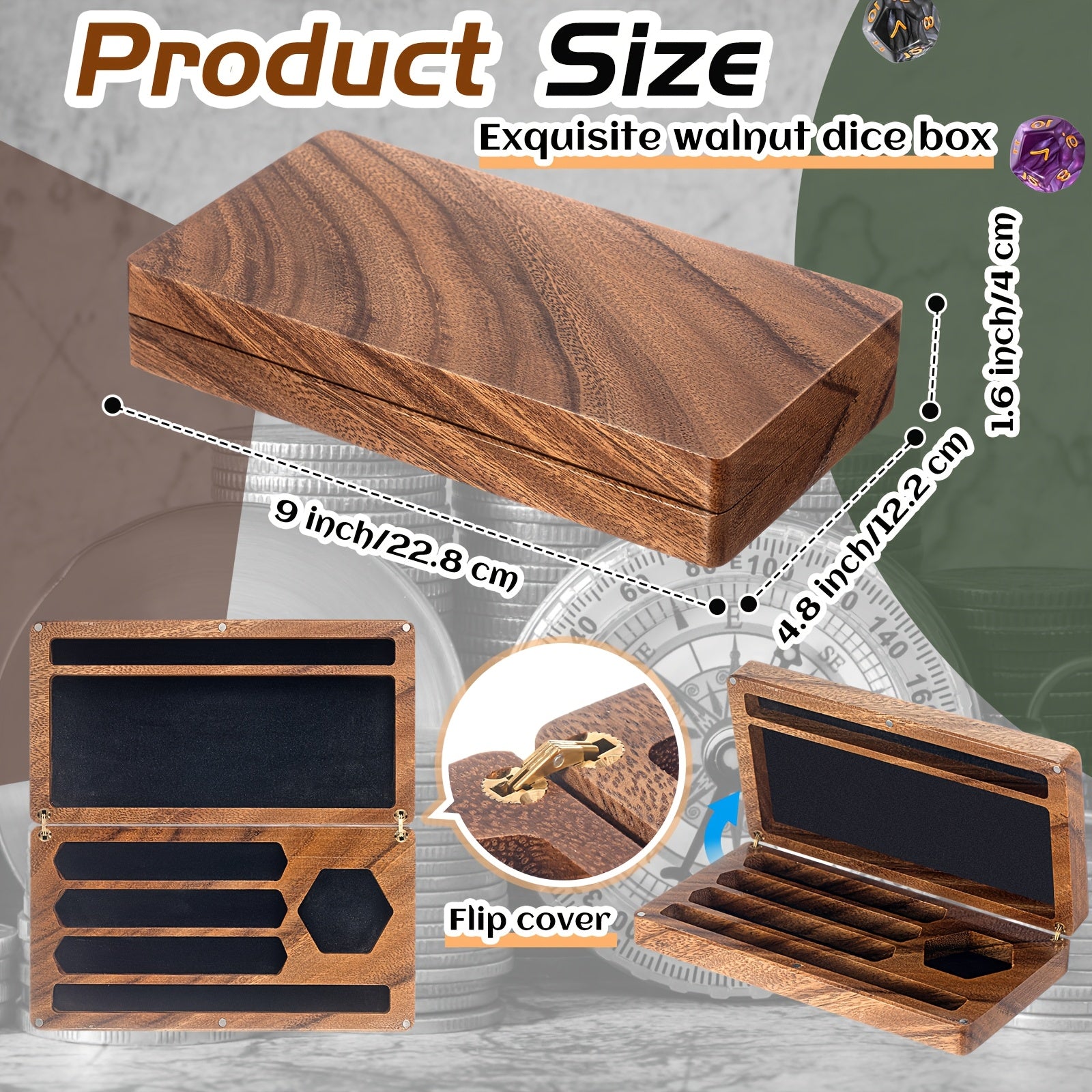 Handmade Walnut Dice Box 4.8x9" Flip Lid Magnetic Lock - Wood Dice Tray with Phone Stand for DnD RPG Board Games, Premium Dungeon Master Gift