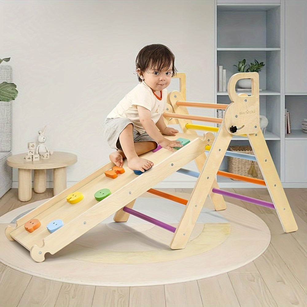 Pikler Triangle 8-in-1 Foldable Wooden Climbing Set Toddlers Indoor Jungle Gym with Slide Arch Rocker Montessori Toy Ages 1 2 3 4 5 Birthday Christmas Gift