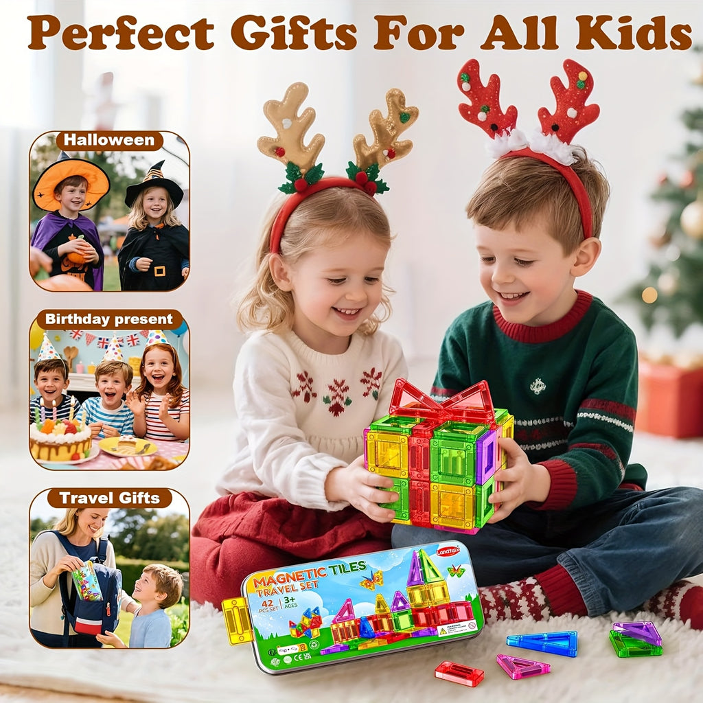 Magnetic Tiles Travel Set 42 Piece Ceramic in Metal Tin – Portable Magnetic Building Blocks for Kids Ages 3+, Educational Sensory STEM Toy, Road Trip Airplane Gift for Boys & Girls On the Go