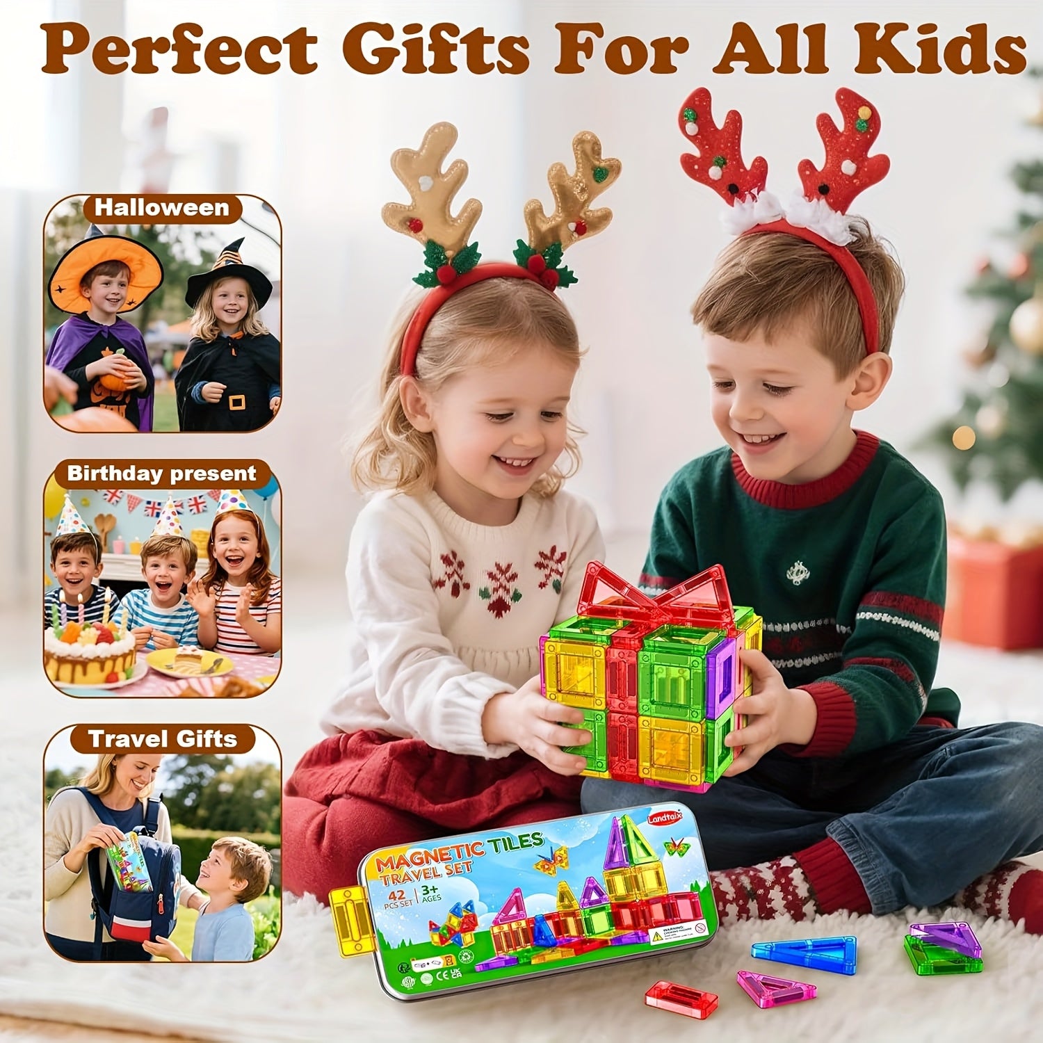 Magnetic Tiles Travel Set 42 Piece Ceramic in Metal Tin – Portable Magnetic Building Blocks for Kids Ages 3+, Educational Sensory STEM Toy, Road Trip Airplane Gift for Boys & Girls On the Go