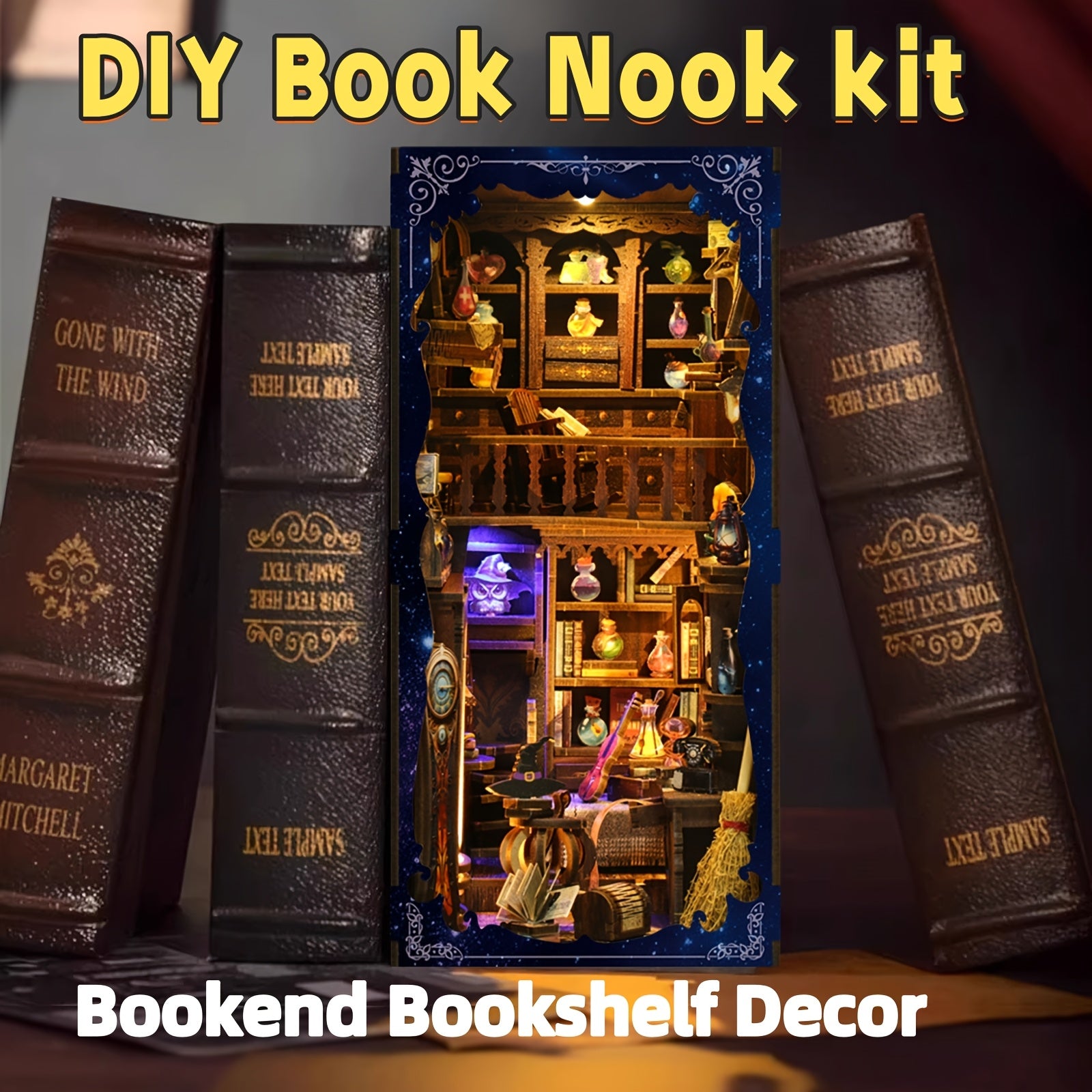 Book Nook Kit DIY Miniature House with LED Light – Magic House Wood Dollhouse Bookshelf Insert Puzzle, 334 Pieces, Gift for Teens and Adults