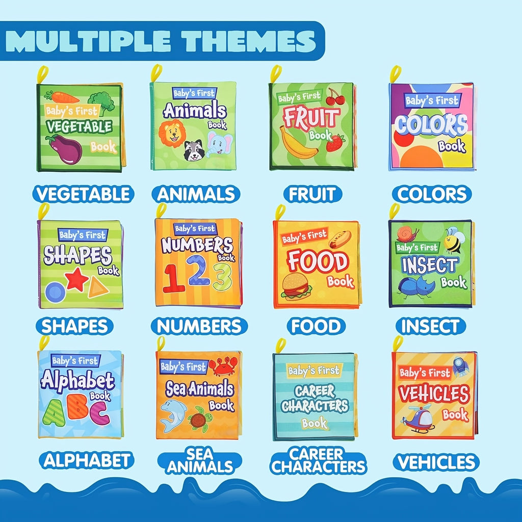 Baby Soft Cloth Books Set 12 Pack - Crinkle Fabric Bath Books for Infant Newborn Toddler, Non-Toxic Washable First Books with 12 Themes, Early Learning Sensory Toy, Baby Shower Birthday Christmas Gift