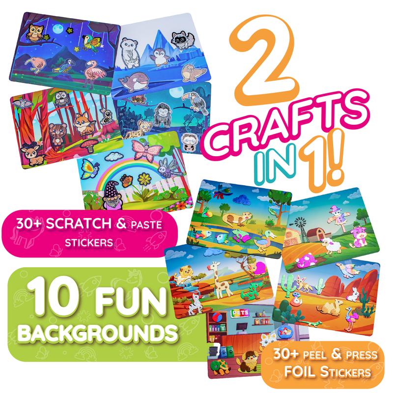 Foil and Scratch Art Kit for Kids Ages 4-10 by Craftikit, Peel-and-Press Paper Crafts with Stickers for Screen-Free Travel Activities and Birthday Gifts