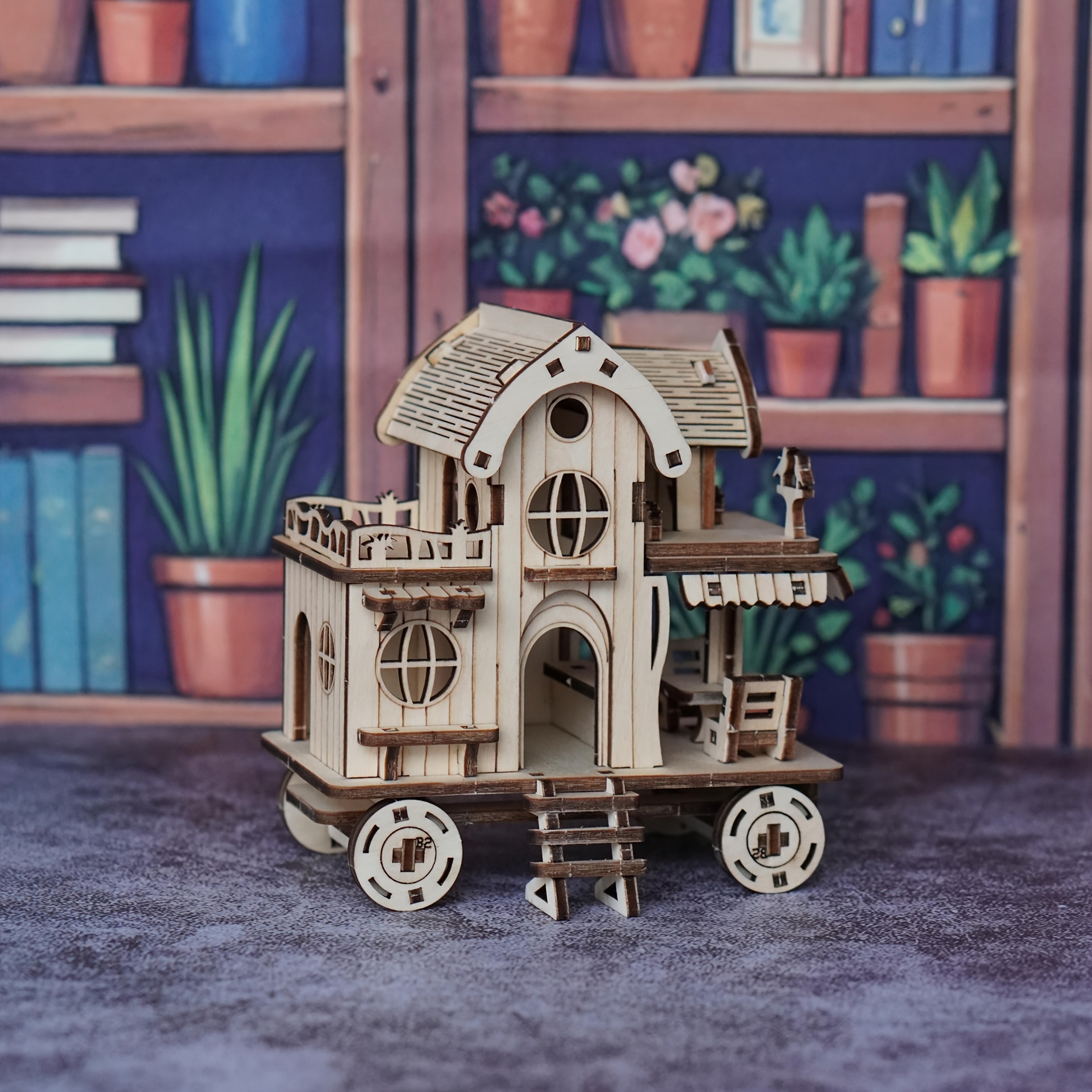3D Wooden Puzzle Villa Model Kit, Mobile Café Bar on Wheels Handcrafted Wood Assembly Building Blocks, Creative DIY Brain Teaser Gift for Adults Teens & Kids