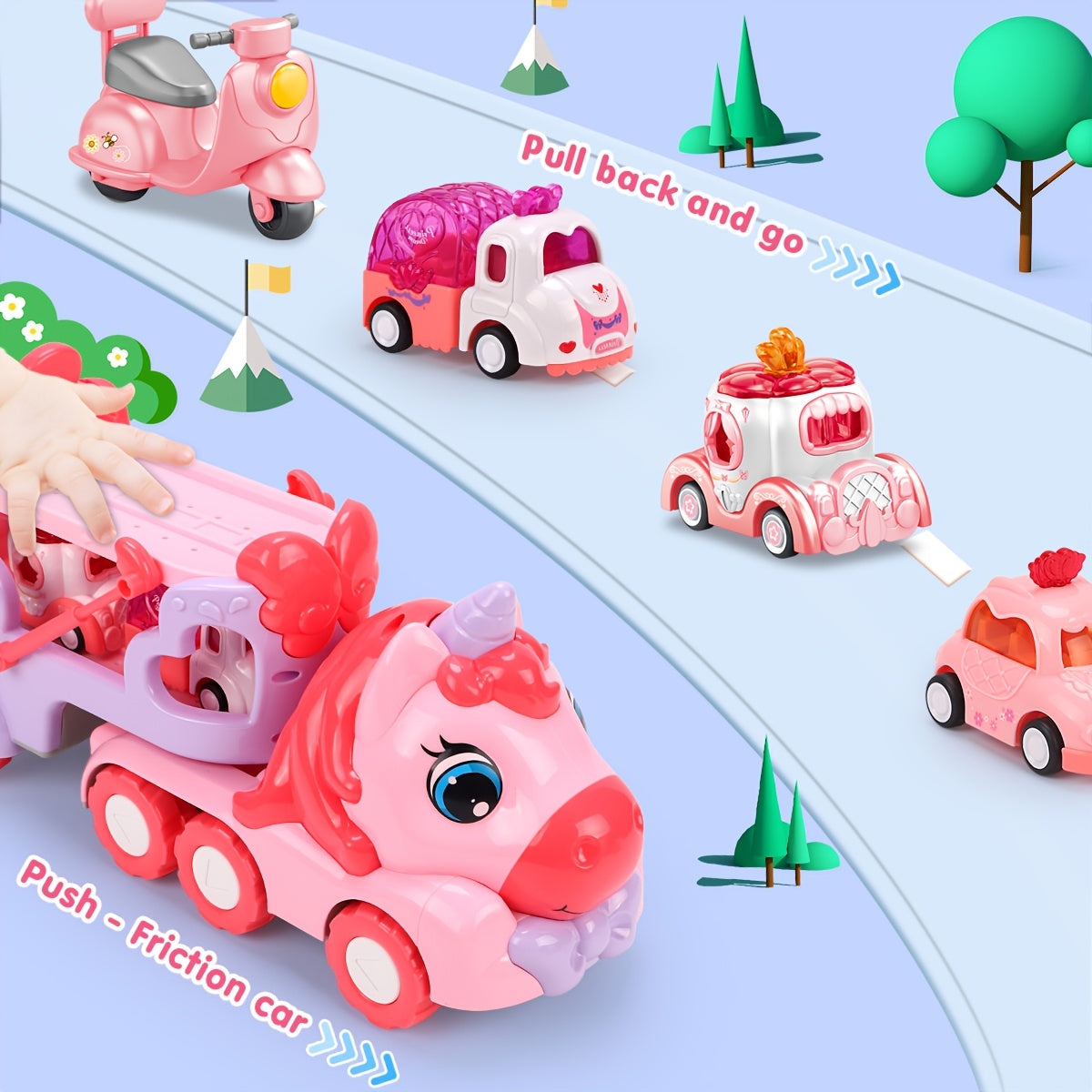 Pink Carrier Truck Toy with 4 Mini Cars Pull-Back Music Lights - Transport Vehicle Toy for Toddlers Ages 3+, Birthday Easter Gift for Boys & Girls