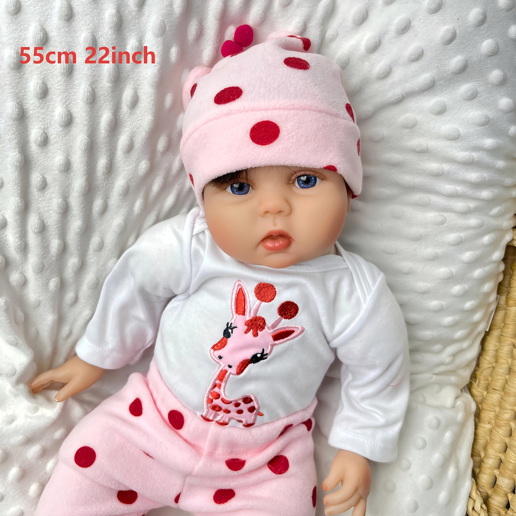 Reborn Baby Doll 22 Inch Realistic Newborn Girl Soft Vinyl Movable Limbs - Full Accessories Set with Plush Giraffe Bottle Pacifier Birth Certificate, Kids Collector Christmas Birthday Gift