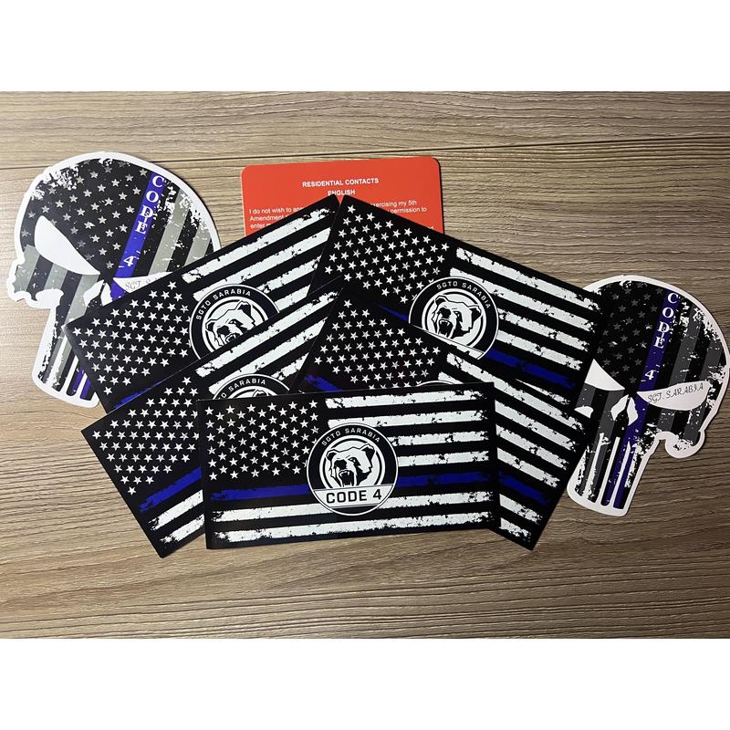 Thin Blue Line Decal Bundle by SGTO SARABIA, 5 American Flag Stickers and 2 Skull Decals, Waterproof UV-Resistant Vinyl with Free Bilingual Red Card
