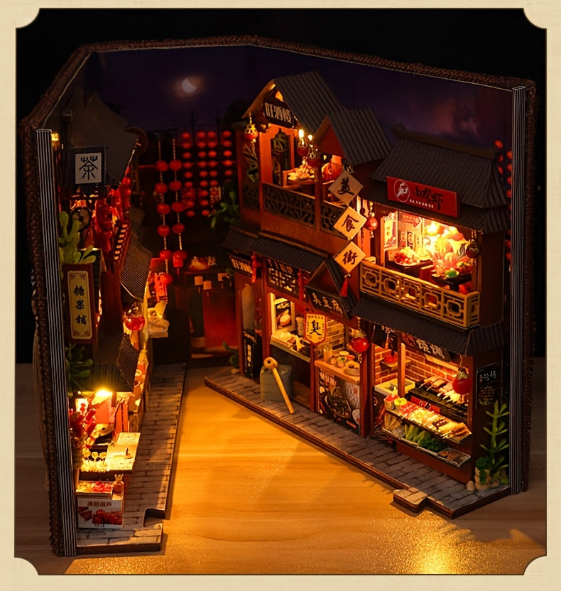Book Nook Kit DIY Miniature Chinese Food Street – 3D Wooden Puzzle Bookshelf Insert Dollhouse Home Decor Gift for Teens Adults Birthday Christmas No Glue No Battery