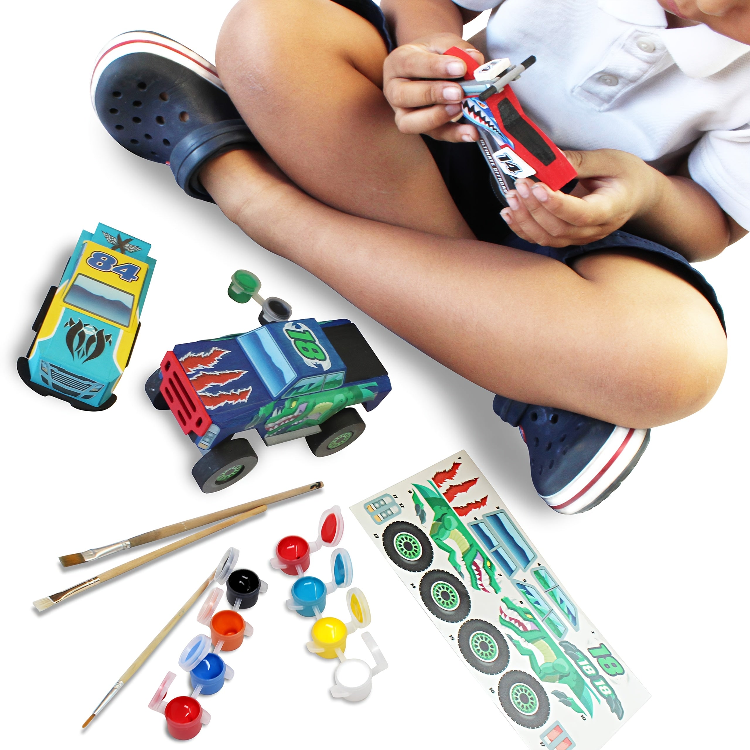 Build & Paint Your Own Wooden Race Car Craft Kit 144 Pieces with Race Car Motorcycle Monster Truck 12 Paint Colors Decals STEM Toy Gift for Kids Boys