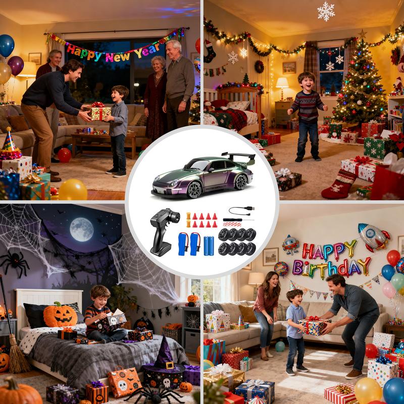 4WD RC Drift Car with Dual Rechargeable Batteries, 1:24 Scale 2.4GHz Remote Control Racer with LED Lights and Swap Tires for Kids Ages 5+