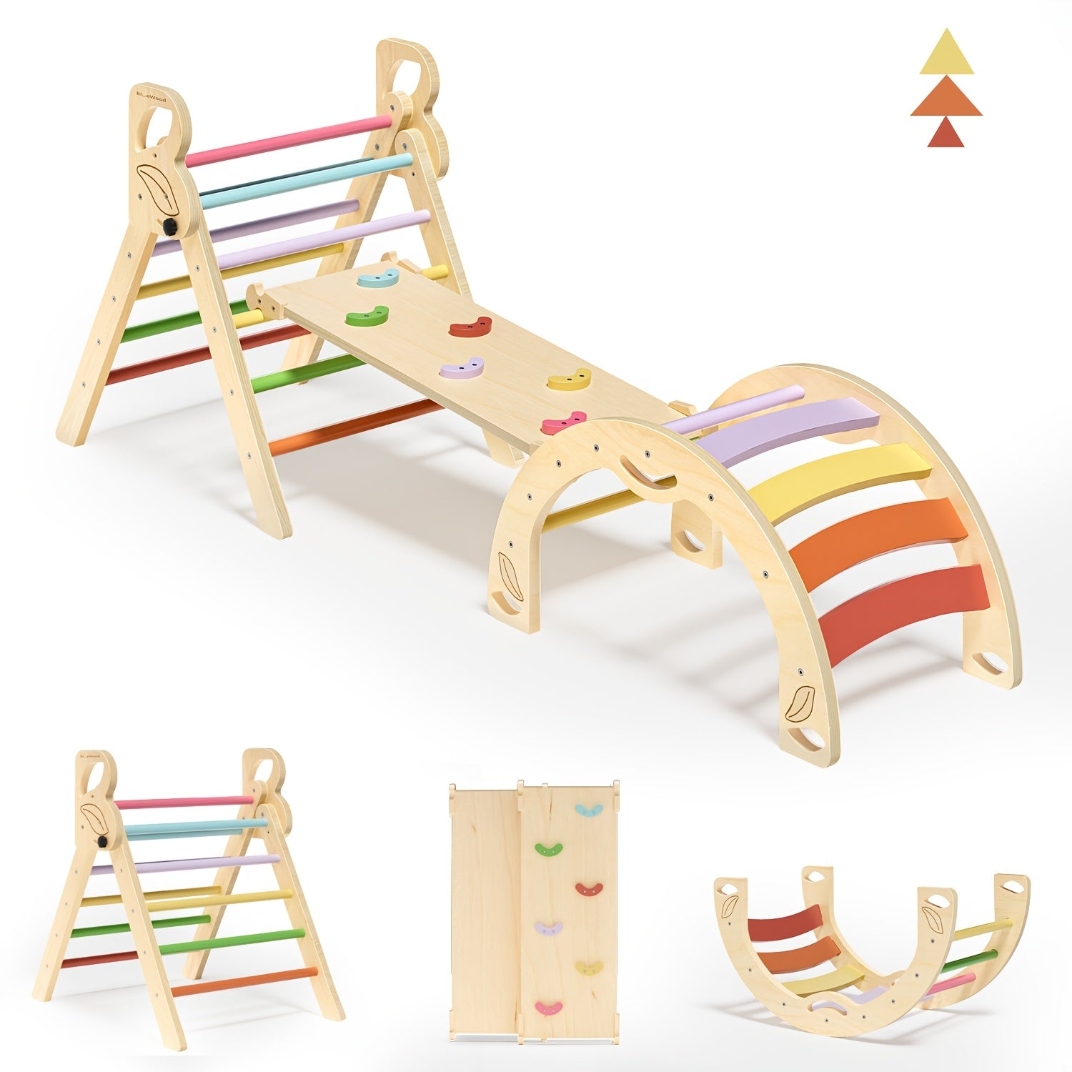 Pikler Triangle 8-in-1 Foldable Wooden Climbing Set Toddlers Indoor Jungle Gym with Slide Arch Rocker Montessori Toy Ages 1 2 3 4 5 Birthday Christmas Gift