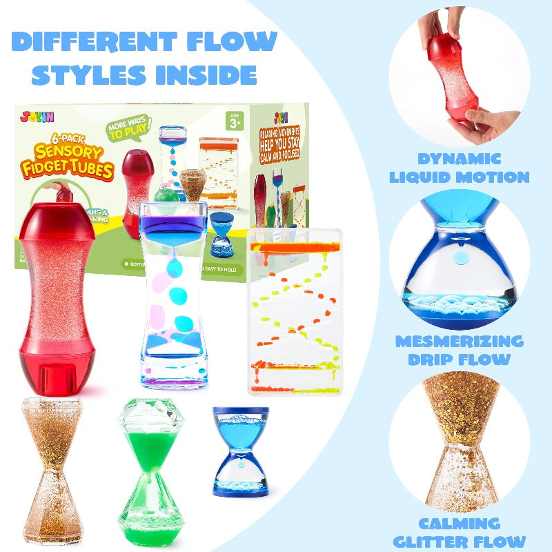 Sensory Bottles Fidget Toys 6 Pack for Kids with Autism & ADHD – Calming Liquid Motion Tubes, Silent Classroom Calm Down Corner Tools, Stress Relief Gift for Boys & Girls