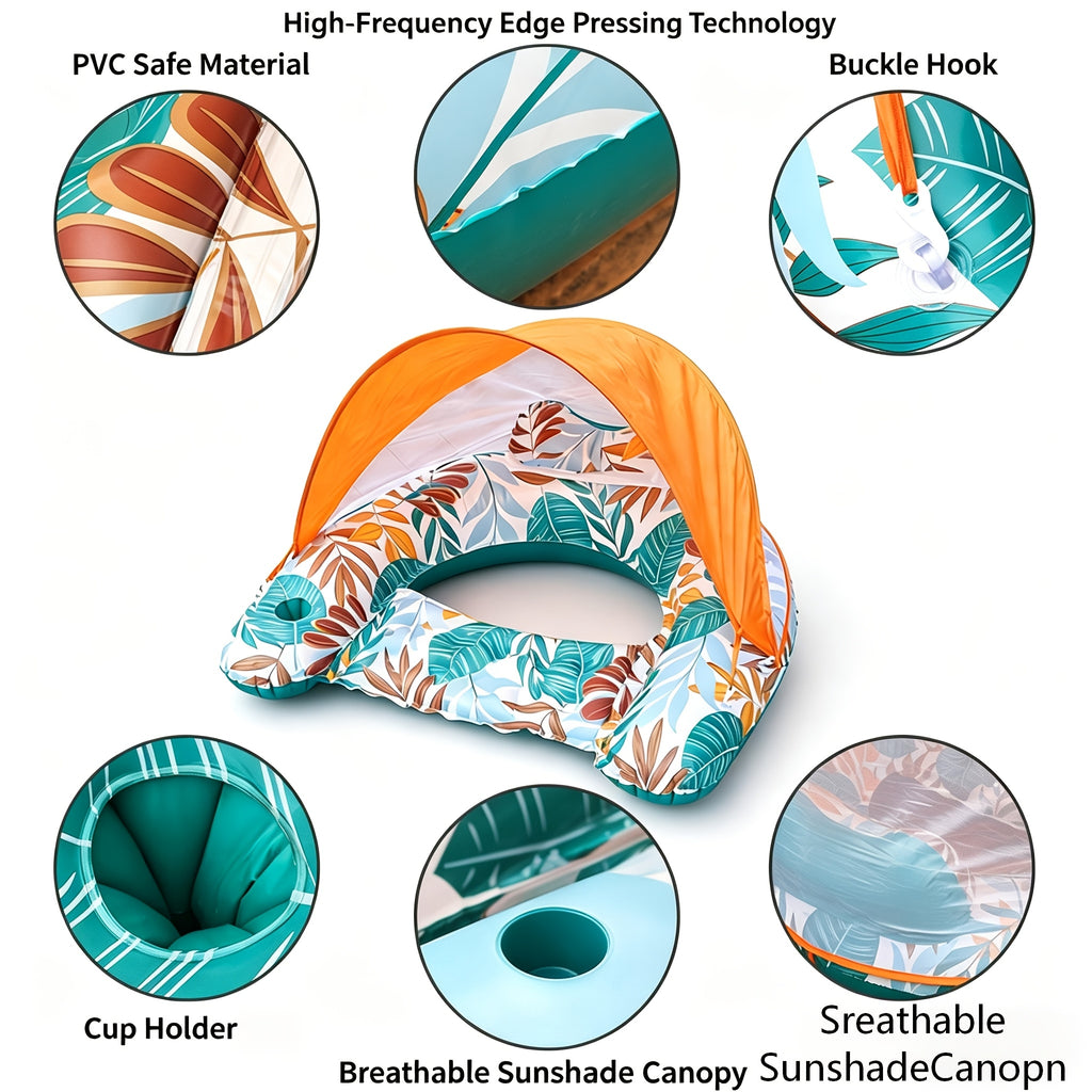 Inflatable Pool Float with Canopy & Cup Holder – Tropical Leaf Adult Floating Lounger for Pool Beach Lake River, Summer Party Raft with Sun Shade