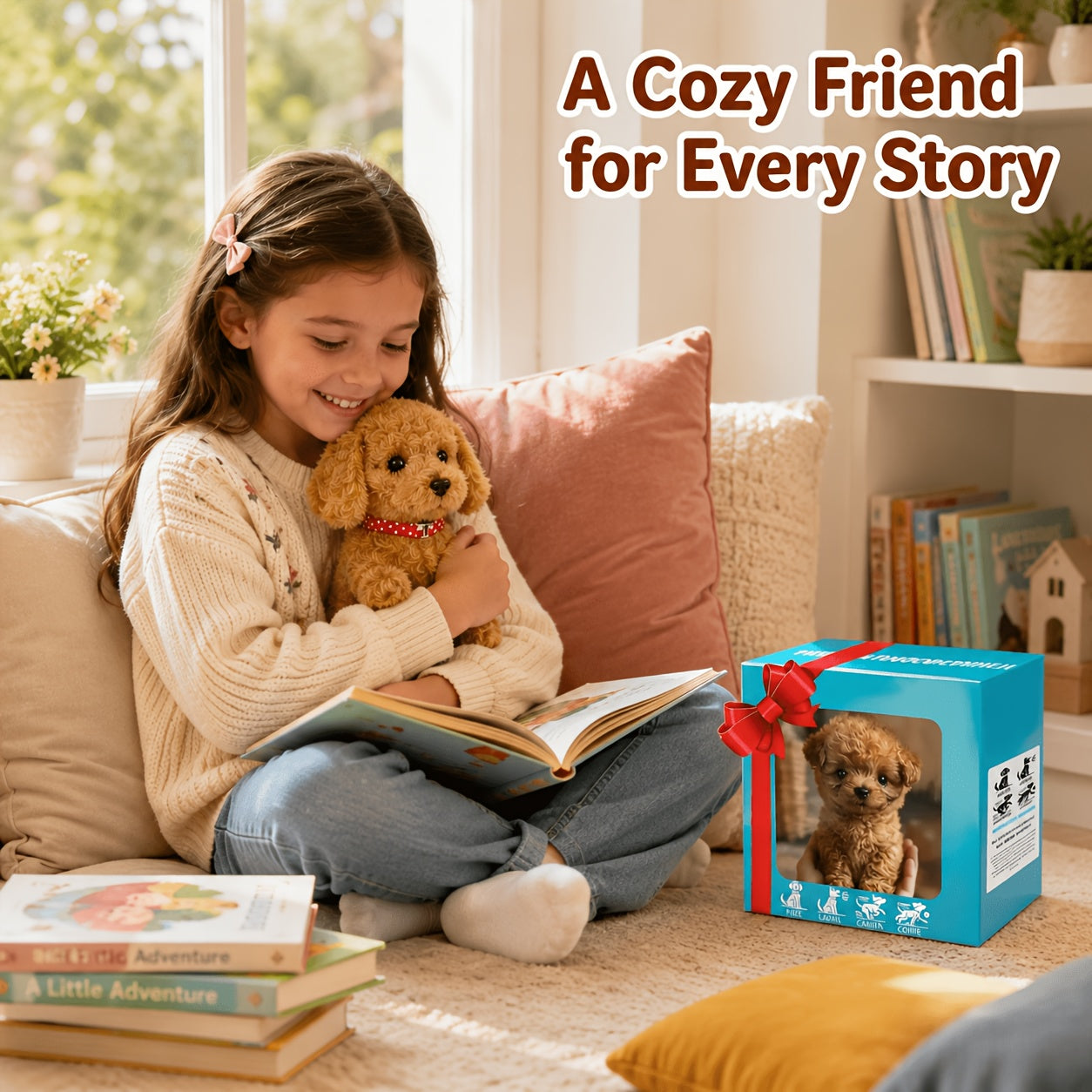 Teddy Brown Plush Puppy Gift Set – Walking Puppy Toy in Gift Box, Cute Soft Plush Dog for Kids, Christmas Birthday Present for Boys Girls Ages 3+