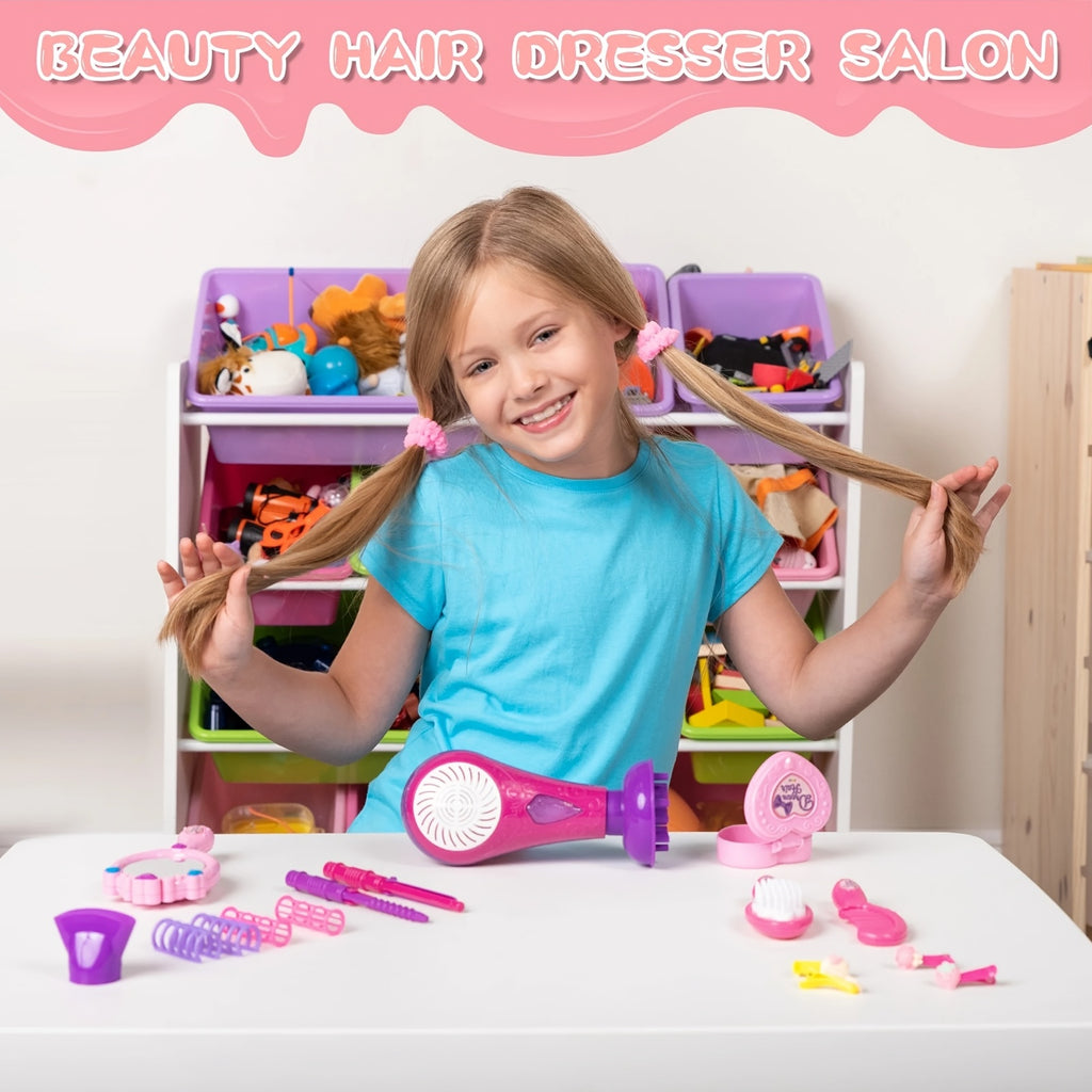 Girls Beauty Salon Set 17pcs Pretend Play Hair Stylist Toy Kit with Hairdryer Mirror Curling Iron Kids Ages 3+ Birthday Christmas Gift