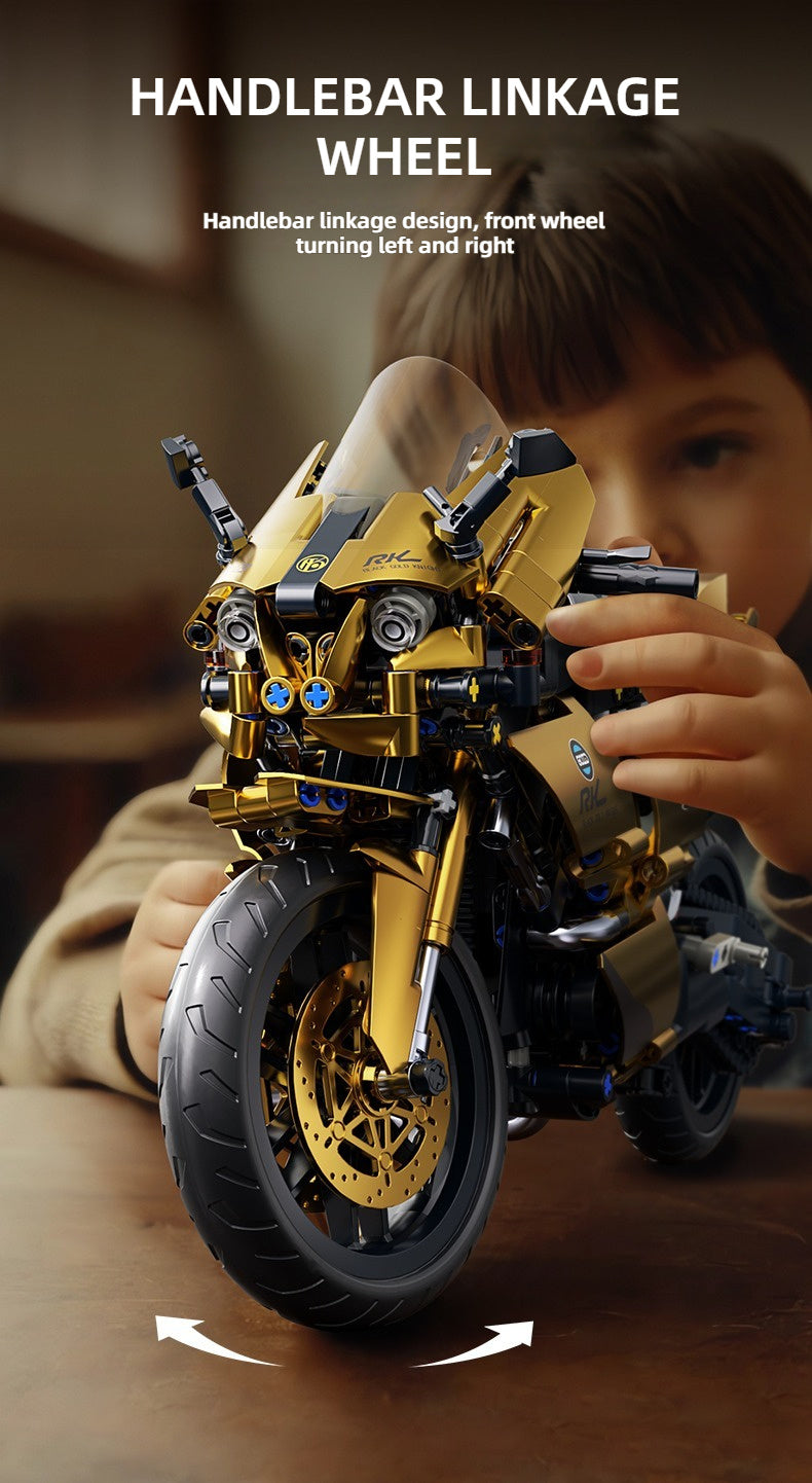 Motorcycle Building Blocks 1000pcs 1:10 Scale DIY Model Kit – Black & Gold Collectible Motorbike Display Ornament for Adults – Large Size Brick Set, Birthday & Christmas Gift for Motorcycle Fans
