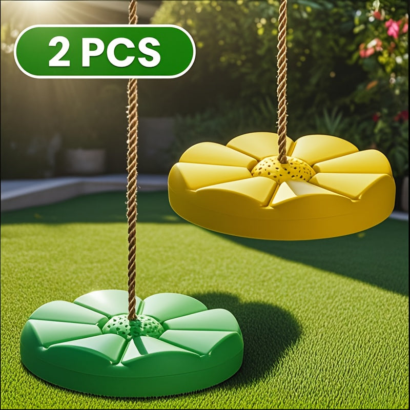 Kids Outdoor Swing Set 2 Pack Flower Shaped – 11.8 Inch Seat 78.7in Adjustable Rope for Backyard Courtyard Playground Boys Girls Birthday Gift (Green & Red)
