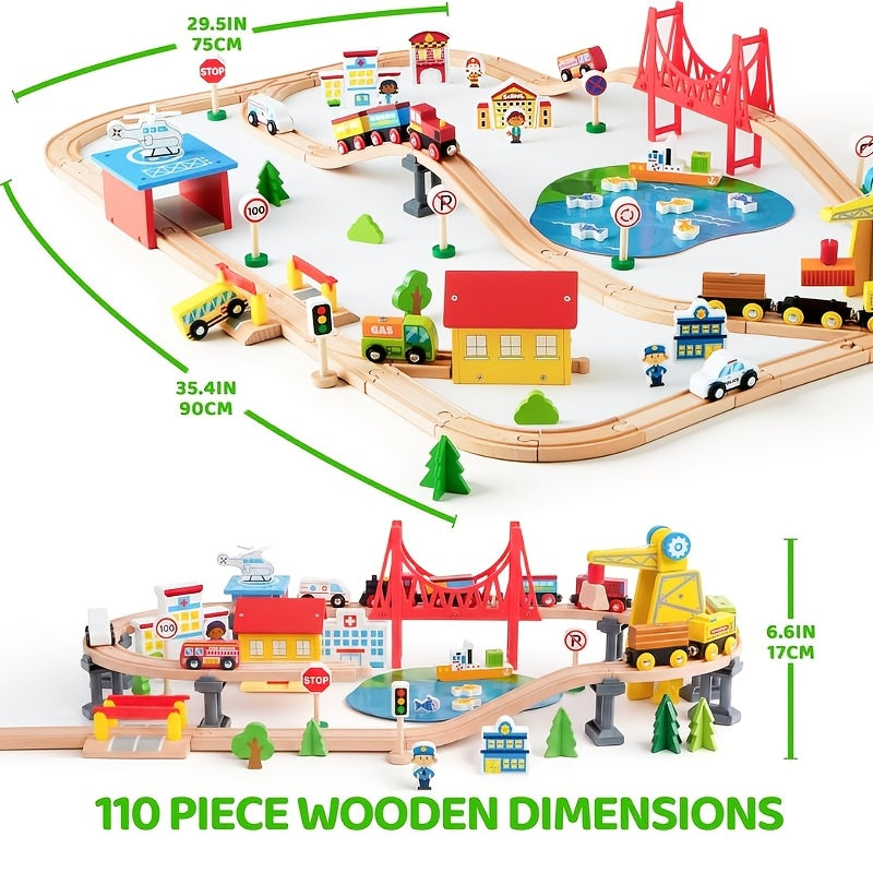 110pcs Wooden Train Set City Scene Railway – 6 Magnetic Trains, 7 City Themes, Helicopter, Ship & Vehicles, Compatible with All Brands, Birthday Christmas Gift for Kids
