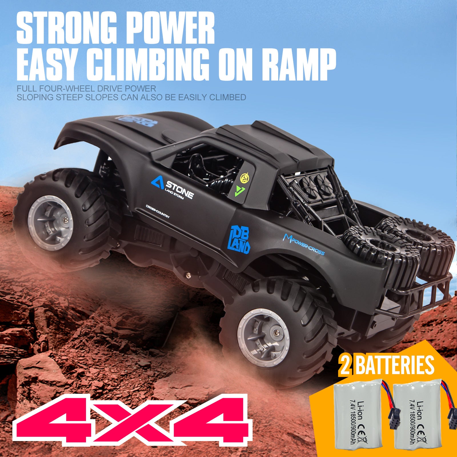 Amphibious RC Monster Truck 1:16 Scale 4WD Waterproof - 2 Rechargeable Batteries, All Terrain Off-Road RC Car for Kids Boys Ages 4-7, Birthday Gift