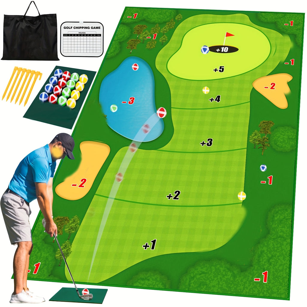 Backyard Chipping Golf Game Mat 6x5ft Indoor Outdoor Adults with 16 Adhesive Balls Stakes Scorecard Golf Gift for Men Women Golfers Fathers Day Christmas