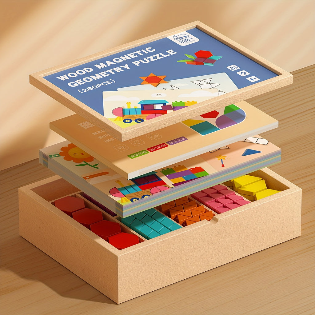 Magnetic Wooden Puzzle for Kids Ages 3-8 – Creative Geometric Shape Building Blocks STEM Educational Toy 128-280 Pieces