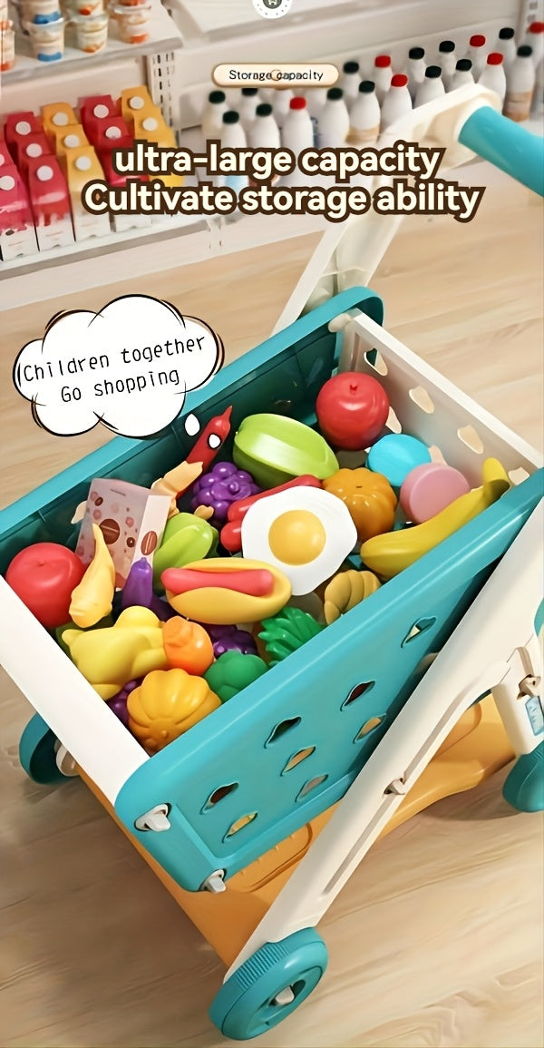 Kids Grocery Shopping Cart Toy Set Pretend Play with Pretend Food Accessories Wheels Toddler Girls Boys Christmas Birthday Gift