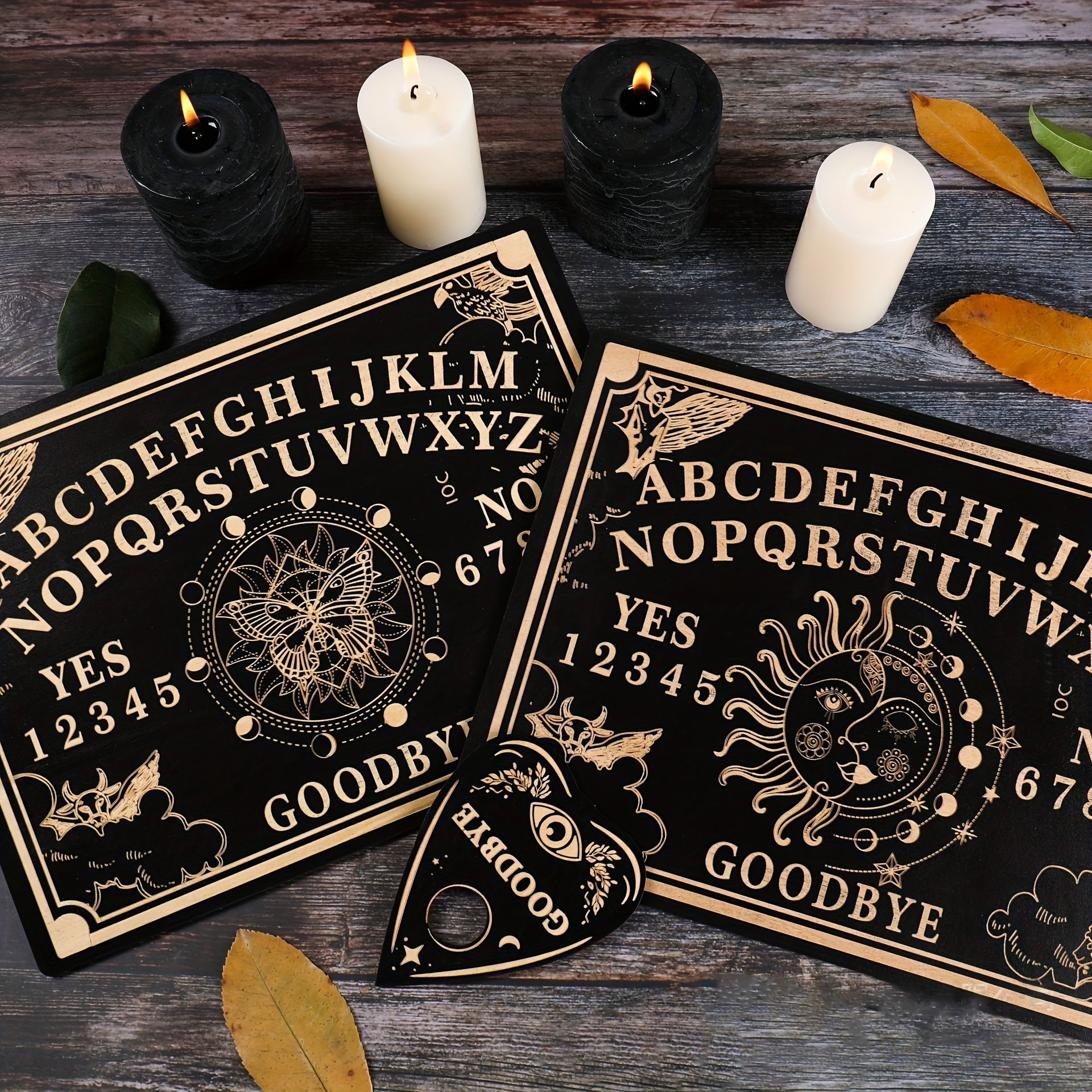 Ouija Board Wooden Psychic Set 2pcs – Handmade Carved Spiritual Guidance Divination Board Witchcraft Altar Decor Halloween Gift for Witches Moon Butterfly