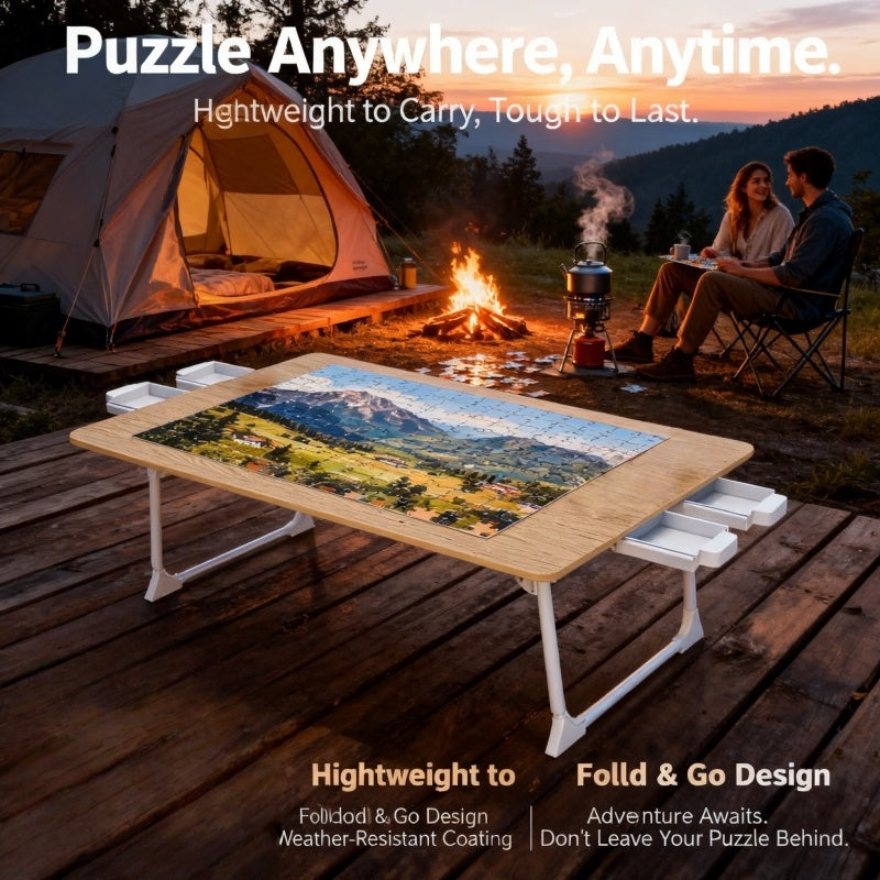 Foldable Puzzle Table with 4 Drawers – Portable Wood-Finish Puzzle Board & Storage Workbench for 1500 Pieces, Lightweight Puzzle Aid for Adults & Seniors, Room Decoration