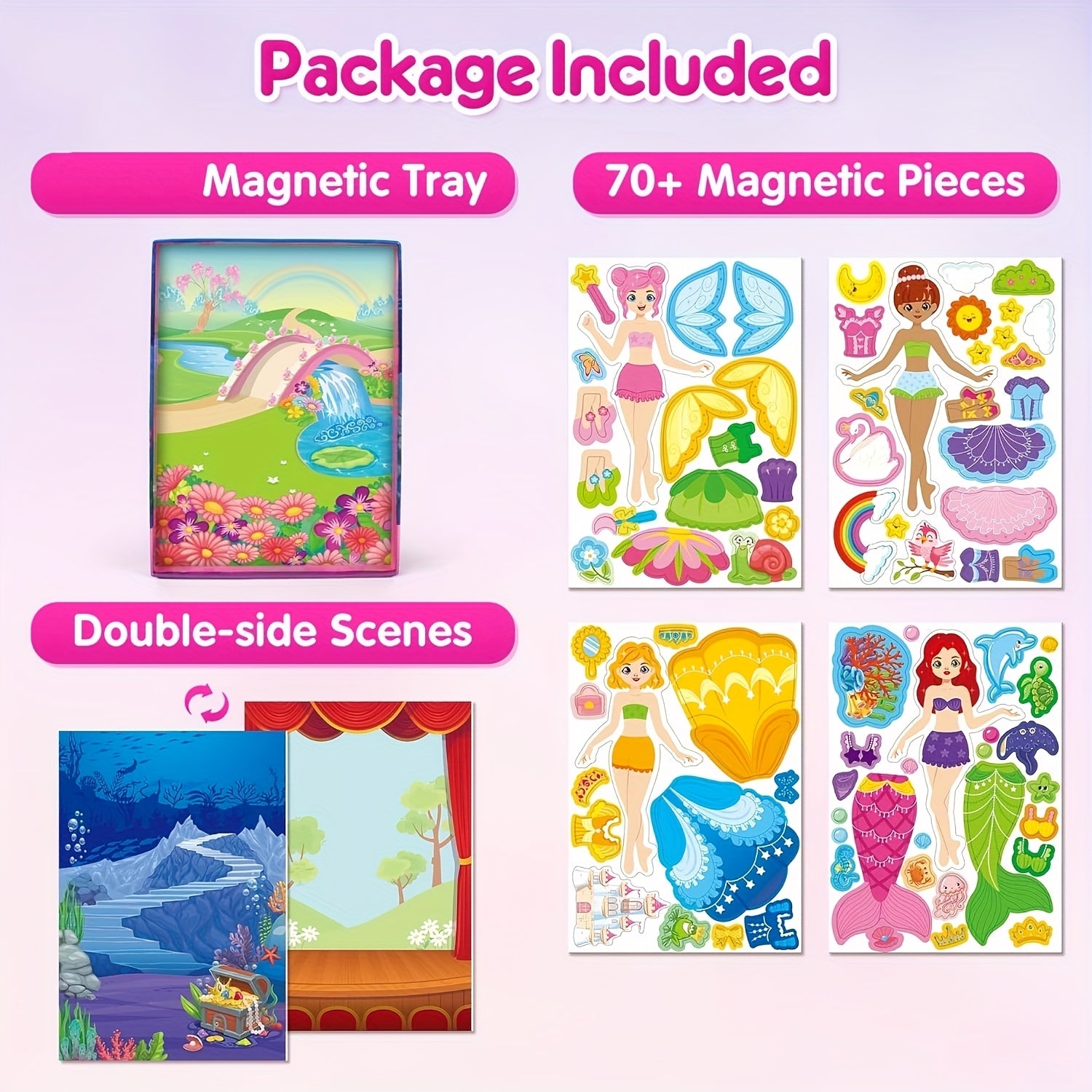 Girls Dress Up Magnetic Dolls Set Princess Mermaid Fairy Ballerina Mix Color Magnetic Outfits Travel Game Kit Car Ride Airplane Activity Birthday Gift Girls Ages 3-7