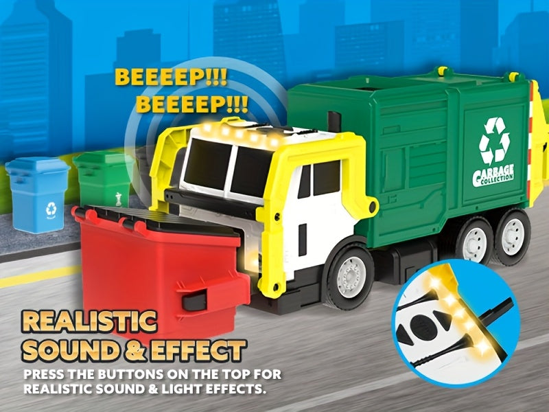 Garbage Truck Toy with Lights & Sounds – 16" Large Friction Powered Truck, Dumpster & Trash Bins, Garbage Sorting Learning Cards, Front-Load Dump Action, Birthday Gift for Kids Ages 3+