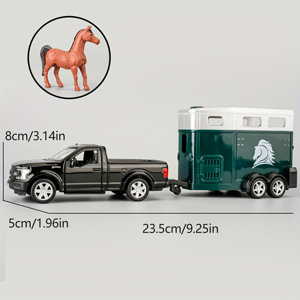 Die-Cast Pull Back Car with Horse Trailer 1:36 Scale Zinc Alloy Toy Vehicle Set, Openable Doors, Gift for Kids Boys Adults