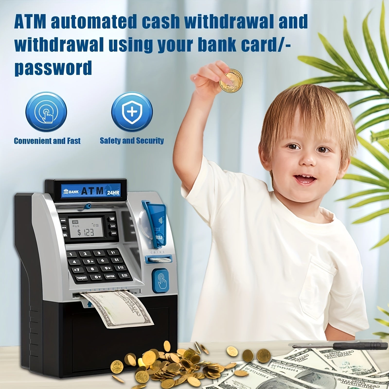 Kids Electronic ATM Piggy Bank with Password Lock – Coin & Banknote Savings Bank for Boys & Girls, Financial Education Toy, Birthday Christmas Holiday Gift Ages 5+