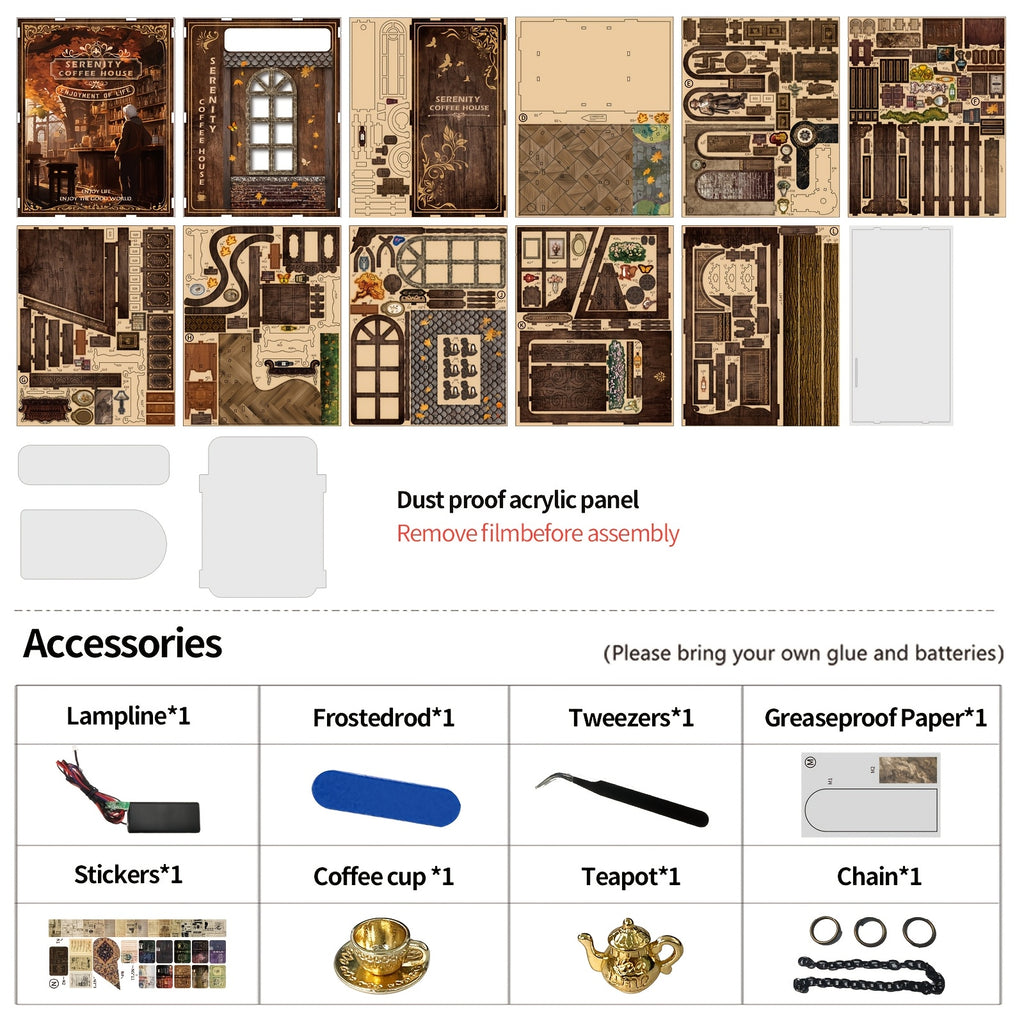 DIY Miniature Book Nook Kit with LED Light Coffee House 3D Wooden Bookshelf Insert Puzzle Dustproof Craft Kit Gift for Adults Teens Craft Lovers