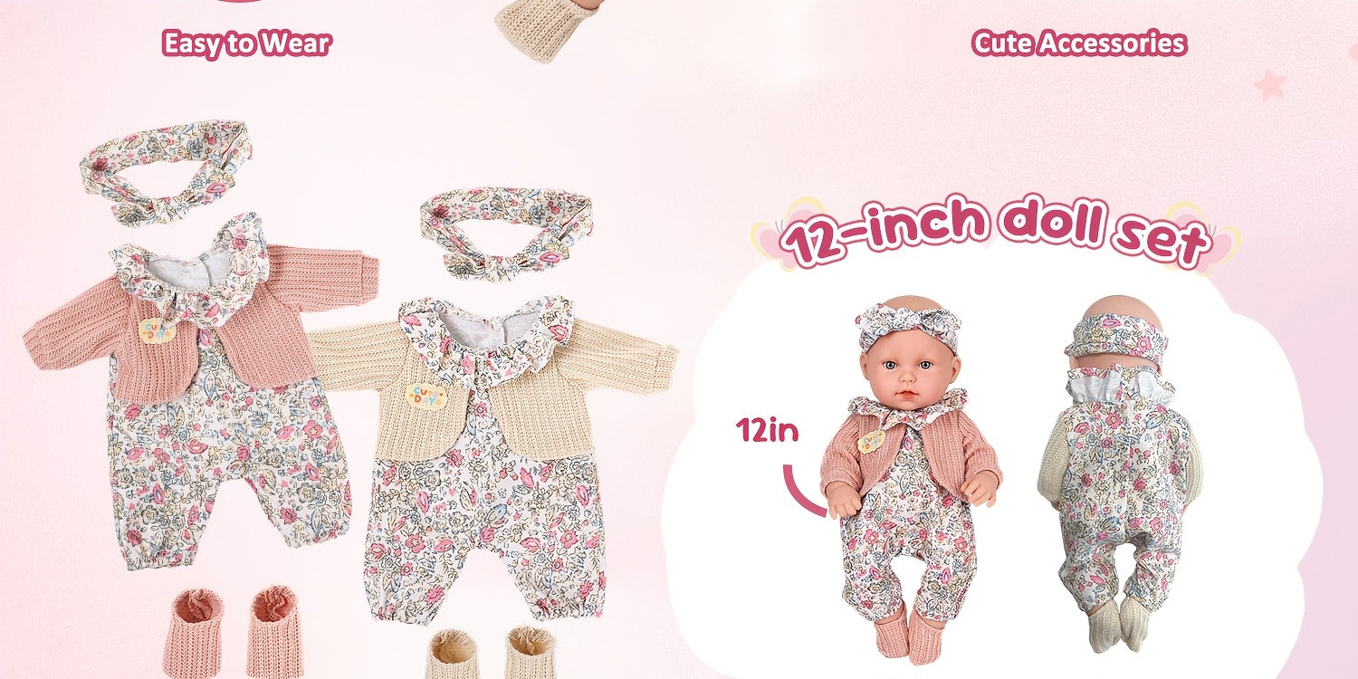 12 Inch Dress-Up Baby Doll Set with Floral Clothes Headscarf Socks & Toy Rabbit – Vinyl Girl Doll Playset for Kids Ages 3+ Birthday Christmas Gift (Beige & Pink)