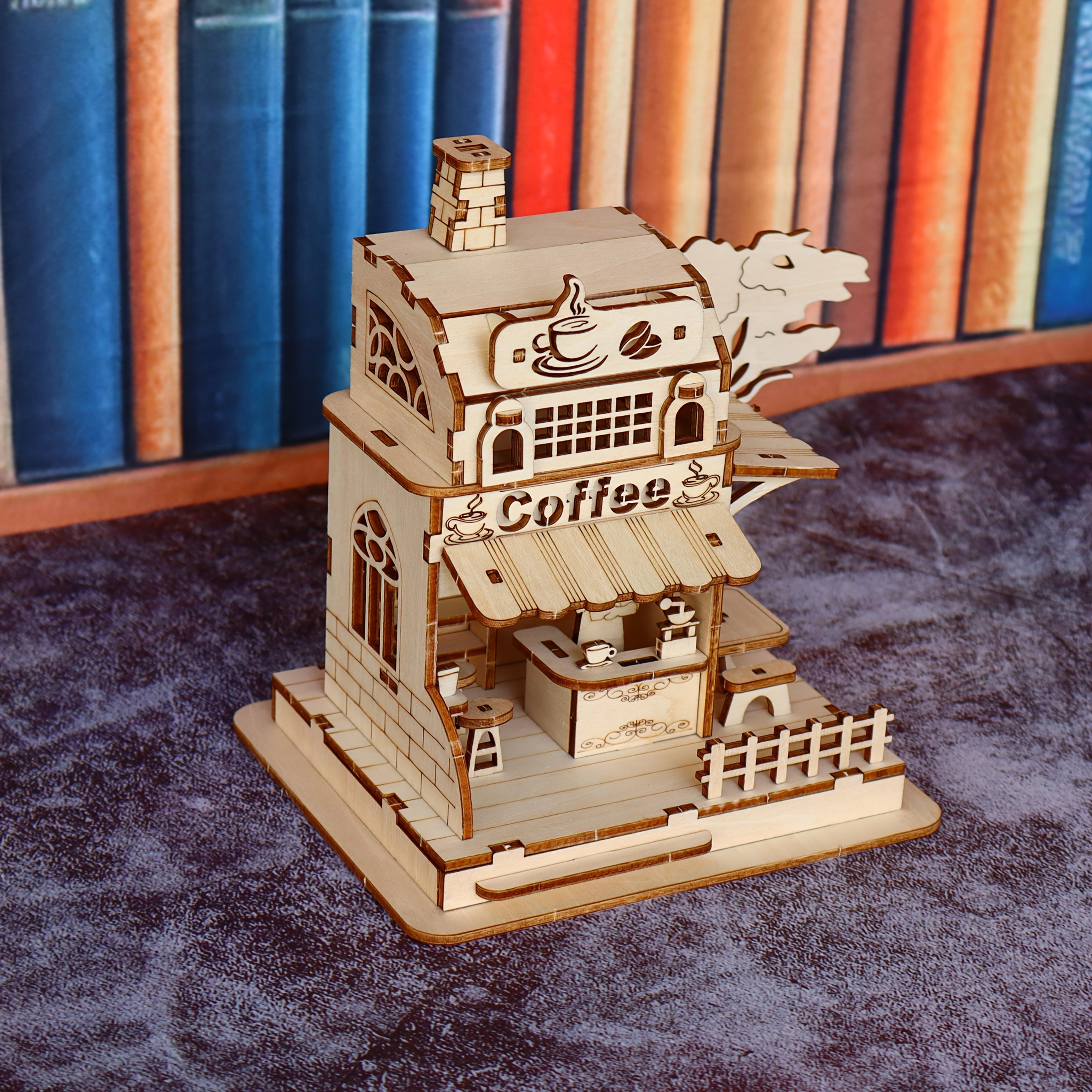 Coffee Shop 3D Wooden Puzzle Kit Miniature House Model with Artisan Coffee Machines DIY Build Creative Birthday Halloween Gift for Adults Teens