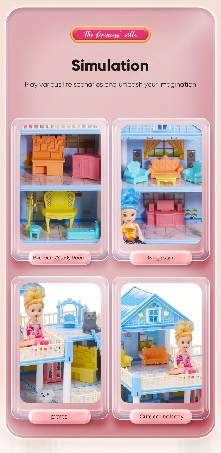 Dollhouse Princess Castle with Furniture – 11 to 27 Room Doll Villa Play Set for Girls Logical Thinking Toy Birthday Christmas Gift Kids Ages 3+ Pink Blue