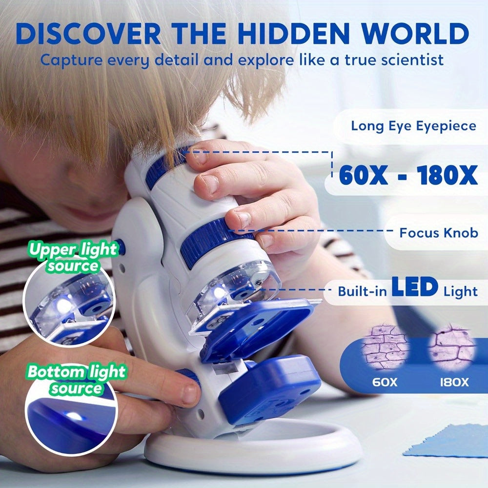 Kids Microscope Explorer Set 2-in-1 Science Experiment Toy 60x-180x Magnification 12 Specimen Slides Phone Holder STEM Gift Boys Girls Ages 5+