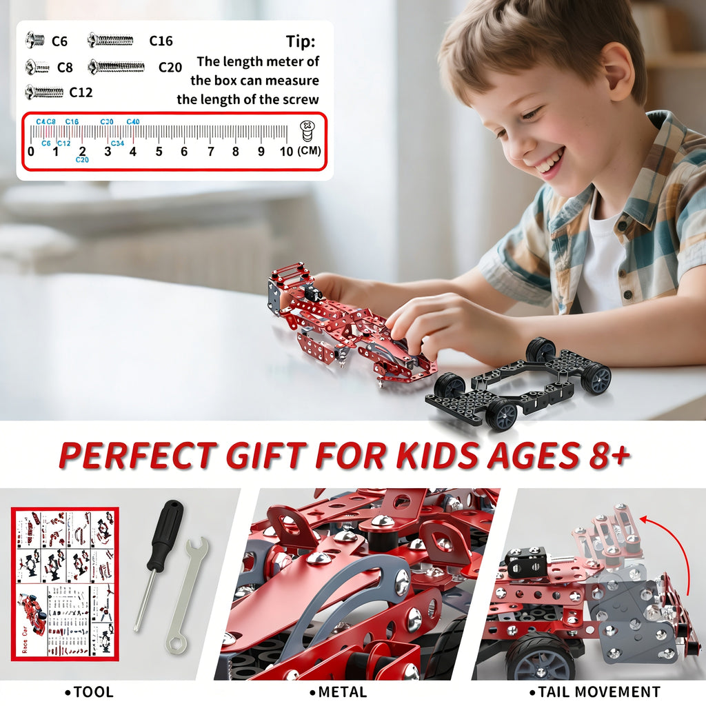 STEM Building Kit Model Car Set 287 Piece Motorized Vehicle for Kids – Assembly Toy with All-Terrain Tires & Openable Hood, Blue Airplane Red Car Green Truck, Birthday Christmas Gift Boys Ages 6+