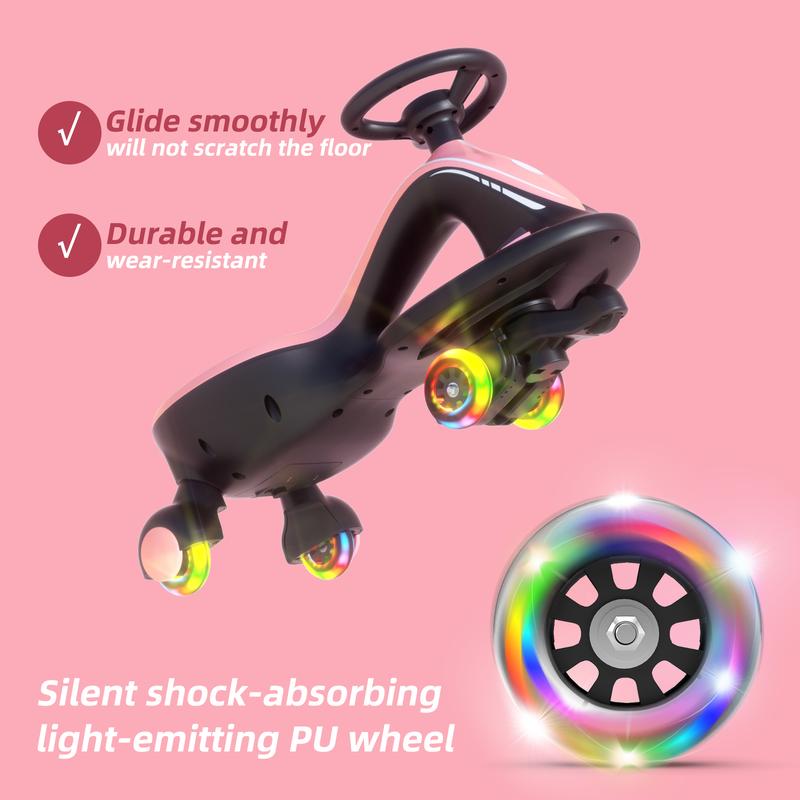 2-in-1 Electric Wiggle Car, KORIMEFA Rechargeable Kids Ride-On with Manual Mode, Light-Up PU Wheels, 360° Steering & 66 lb Capacity