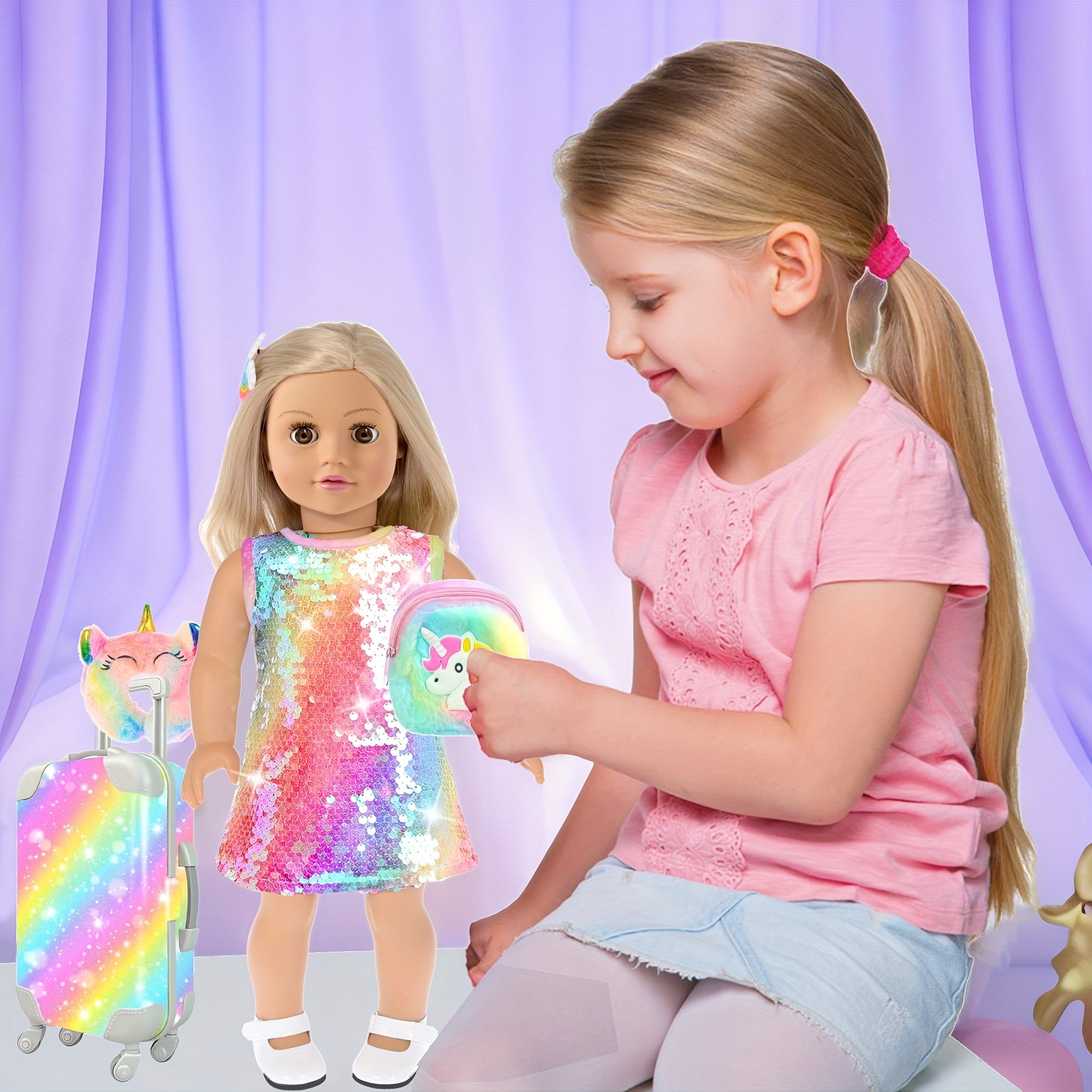 24 Piece Doll Travel Set for 18 Inch Dolls – Suitcase Dress Shoes Handbag Glasses Passport Hairband Pillow Accessories Kit No Doll Girls Ages 3+ Birthday Christmas Gift