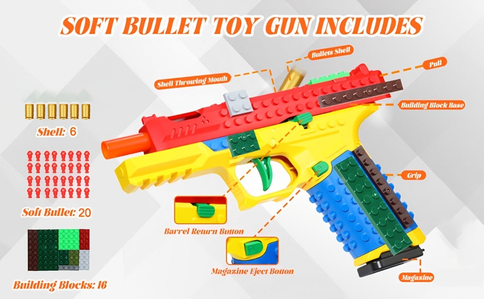 Soft Bullet Toy Gun Pistol with Ejecting Shells Semi-Auto Rapid Fire Foam Blaster 40 Bullets Indoor Outdoor Shooting Game for Boys Ages 6 Plus - Gift
