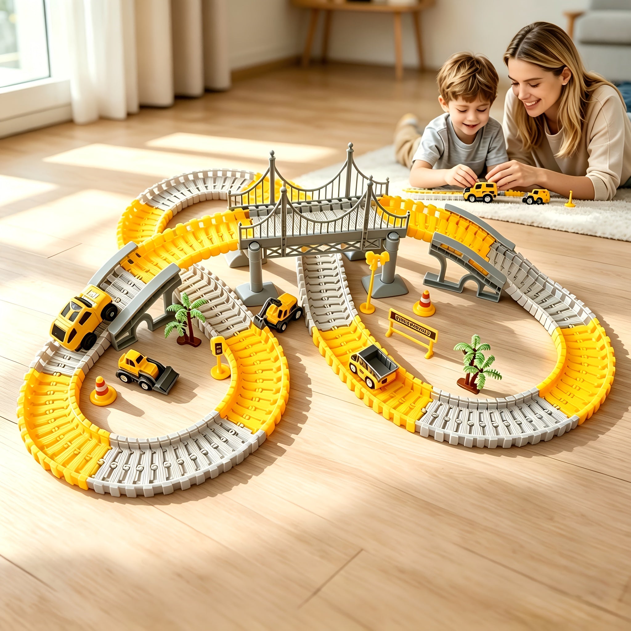 Kids Electric Track Car Toy Set Engineering Race Track with Elevated Bridge Tunnel Roller Coaster Scene Building Assembly – Birthday Gift Boys Girls Ages 3-8