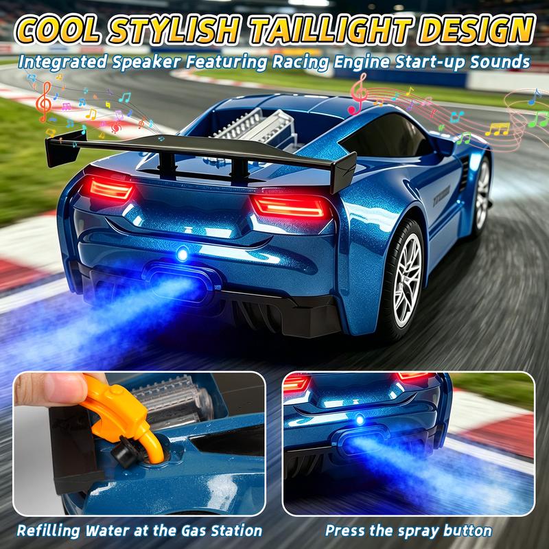Spray RC Racing Car 1:18 Scale with Dual Sounds, LED Lights and 2.4GHz Remote Control, NIRVIXEN Automatic Parking Car Playset Gift for Boys and Girls