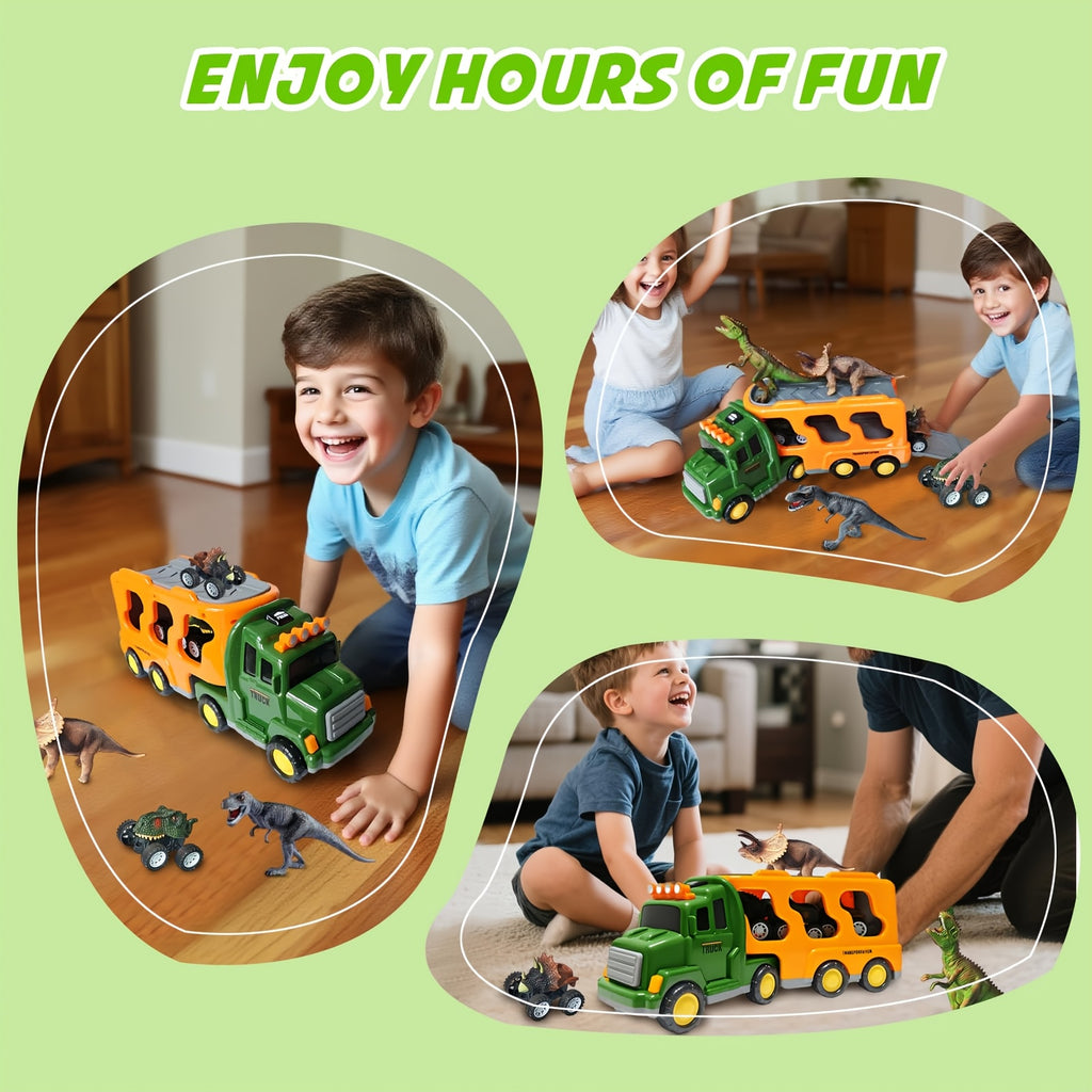 7-in-1 Dinosaur Transport Truck Toy Set with 3 Dino Figures 3 Monster Cars Lights Sounds Friction Push Go for Kids Boys Girls Ages 3 4 5 Birthday Christmas