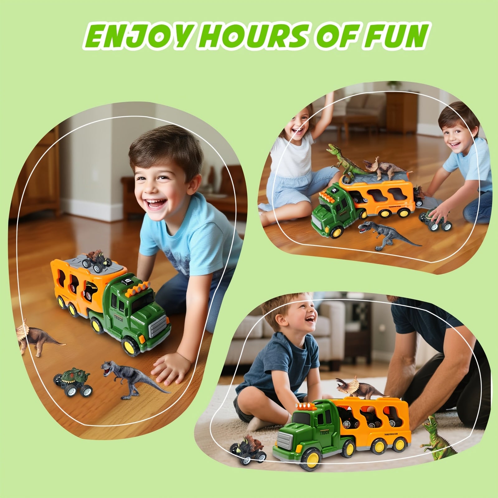 7-in-1 Dinosaur Transport Truck Toy Set with 3 Dino Figures 3 Monster Cars Lights Sounds Friction Push Go for Kids Boys Girls Ages 3 4 5 Birthday Christmas