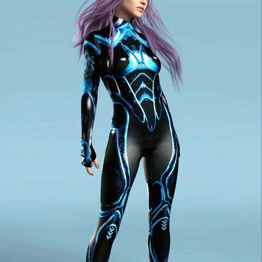 Halloween Mecha Jumpsuit Sci-Fi Futuristic Blue & Black High-Gloss Zippered Bodysuit Costume for Adults