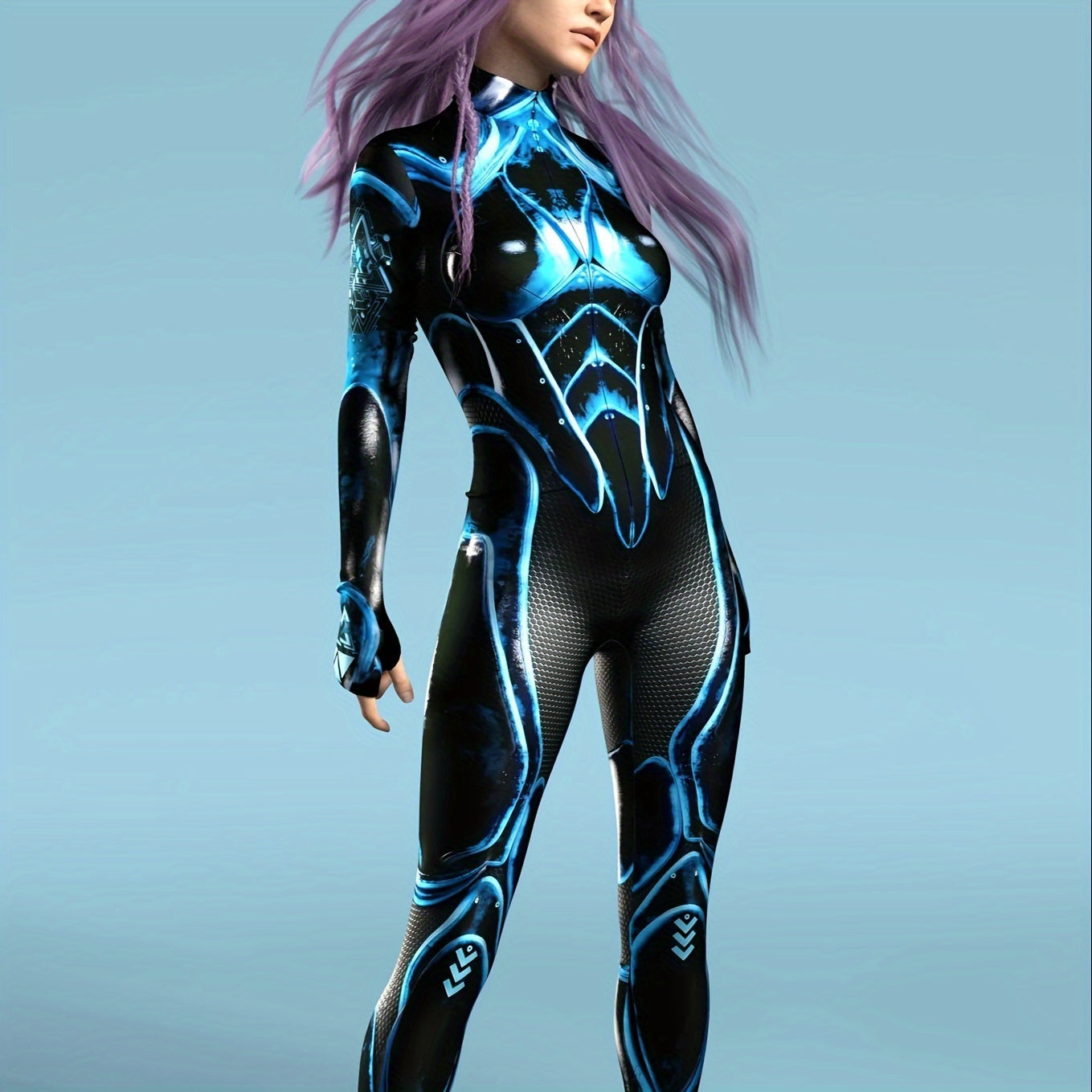 Halloween Mecha Jumpsuit Sci-Fi Futuristic Blue & Black High-Gloss Zippered Bodysuit Costume for Adults