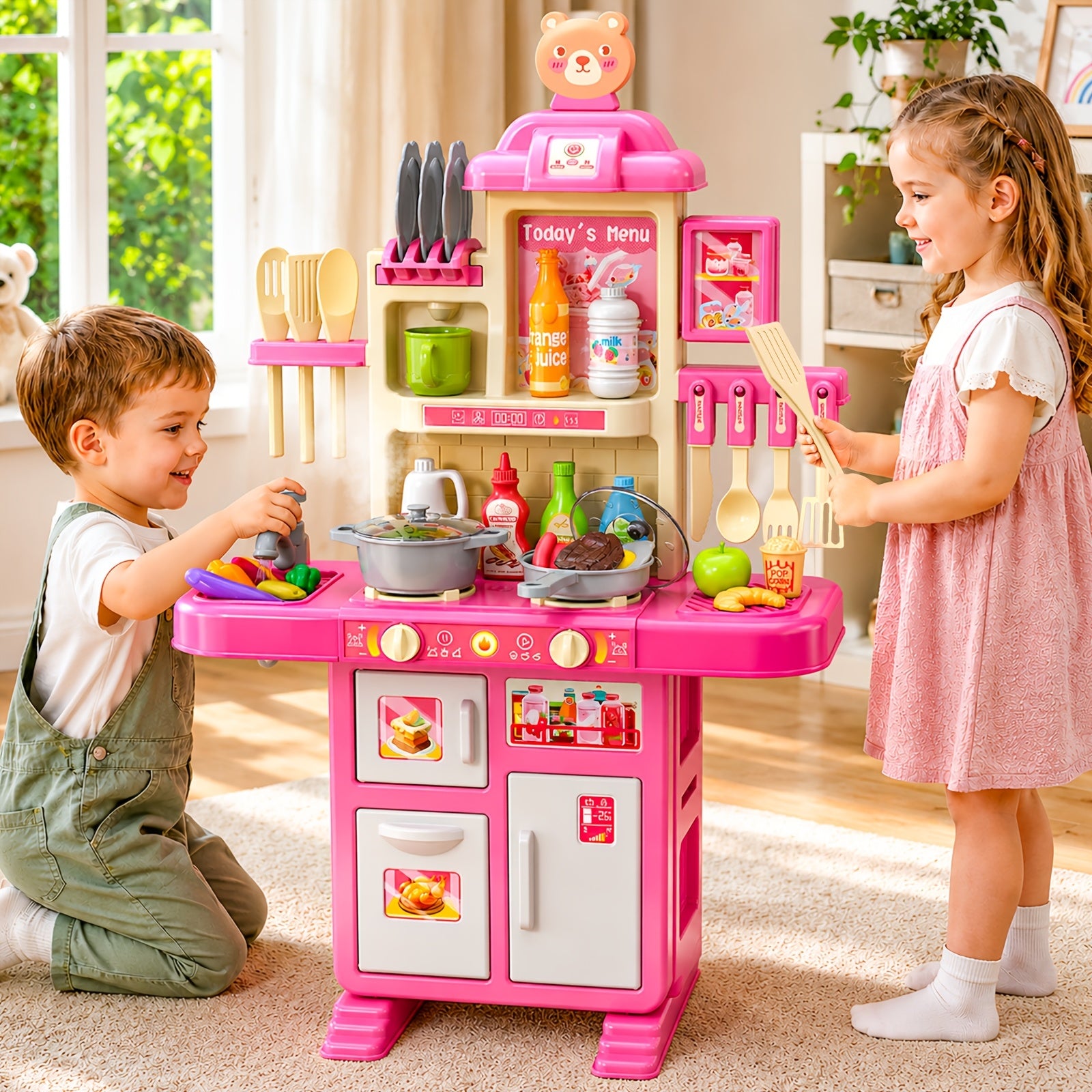 Kids Play Kitchen Playset Pretend Play Kitchen Set with Lights Sounds Toddler Cooking Toy Interactive Indoor Playset Birthday Christmas Gift Ages 3 and Up