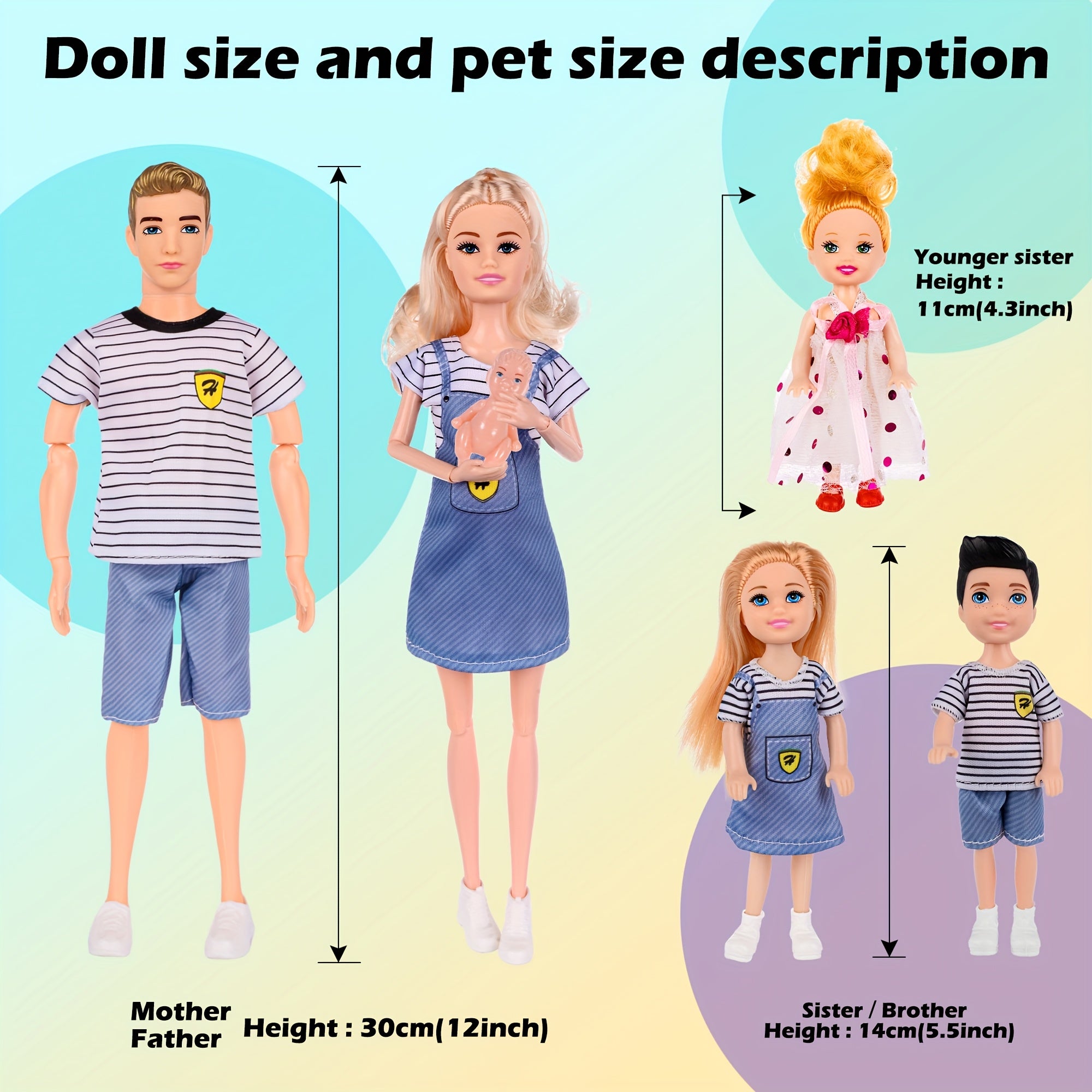 Family Doll Playset 6 Dolls with Pregnant Mom Dad Kids 3 Puppies Big Dog Handcart & Accessories – Poseable PVC Changeable Clothes Imaginative Role Play Gift for Kids Ages 3+