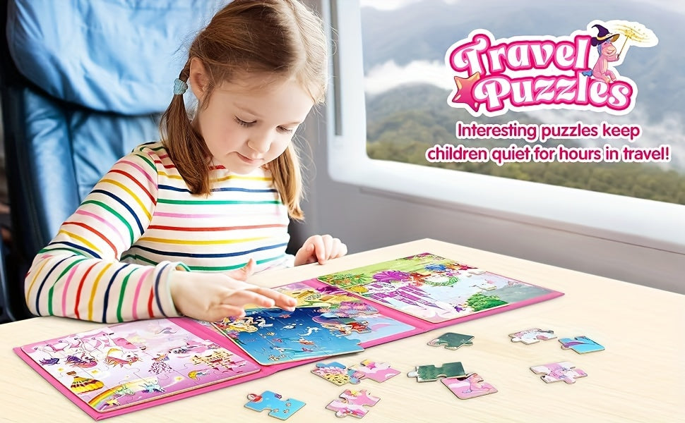 Magnetic Puzzle Book for Girls Ages 3 4 5 6 Unicorn Mermaid Princess 20pcs Travel Toy Toddler Busy Book Car Airplane Road Trip - Birthday Gift